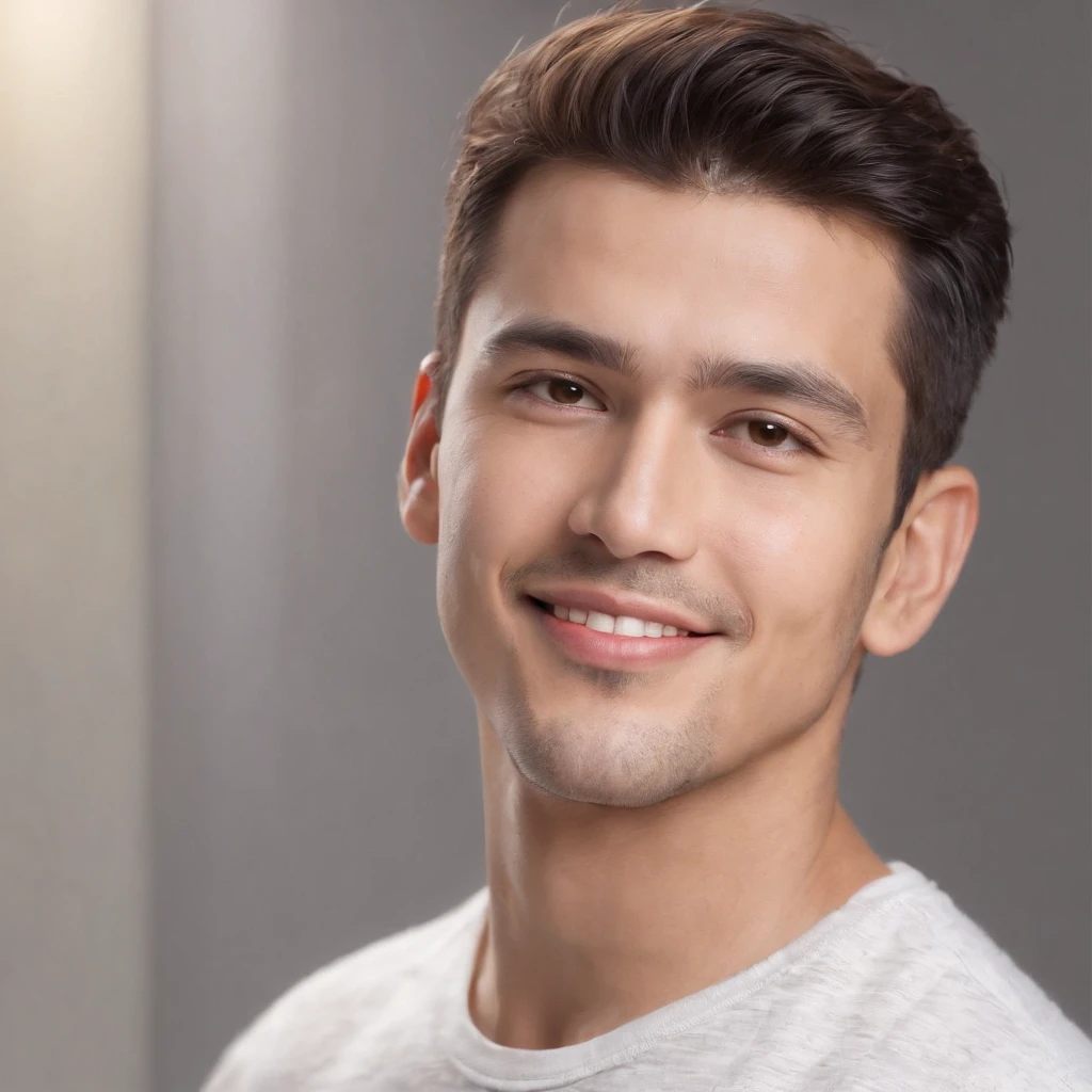 (photo: 1.3) af (photorealism: 1.3), Latino man, soft light, clear face, happy, cheerful, warm light, white t-shirt, (off-white background), (off-white background), ((grey wall background)) avatar, (long or short hair), smile, handsome, young,, short hair, smile, (close-up)