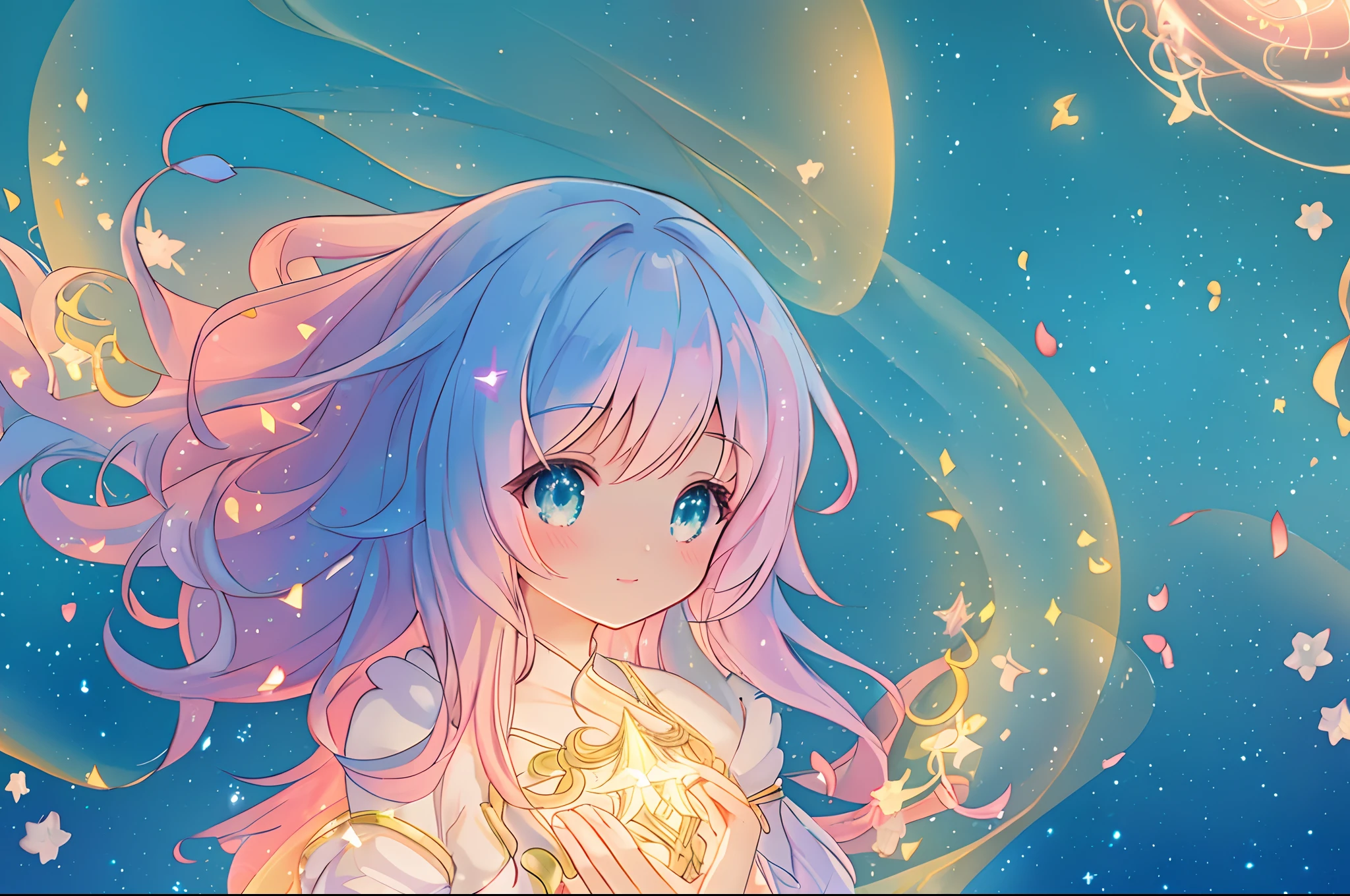anime, princess flowing gown, glowing ethereal hair, anime girl with cosmic hair, beautiful young wind spirit, beautiful anime art style, beautiful digital illustration, inspired by Glen Keane, inspired by Lois van Baarle, disney art style, glowing aura around her, jen bartel, glowing lights, (masterpiece, best quality), sharp focus, 8k resolution, intricate detail, highly detailed, swirling lines of light, magical lights, whimsical, magical, fantasia background, pastel colors, beautiful girl, golden ratio, perfection, beautiful face, sparkling detailed eyes