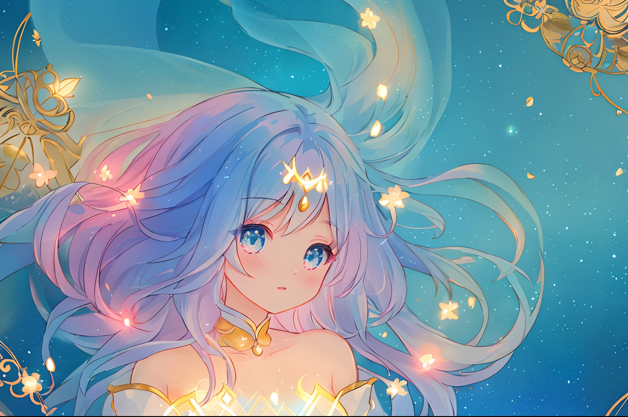 anime, princess flowing gown, glowing ethereal hair, anime girl with cosmic hair, beautiful young wind spirit, beautiful anime art style, beautiful digital illustration, inspired by Glen Keane, inspired by Lois van Baarle, disney art style, glowing aura around her, jen bartel, glowing lights, (masterpiece, best quality), sharp focus, 8k resolution, intricate detail, highly detailed, swirling lines of light, magical lights, whimsical, magical, fantasia background, pastel colors, beautiful girl, golden ratio, perfection, beautiful face, sparkling detailed eyes