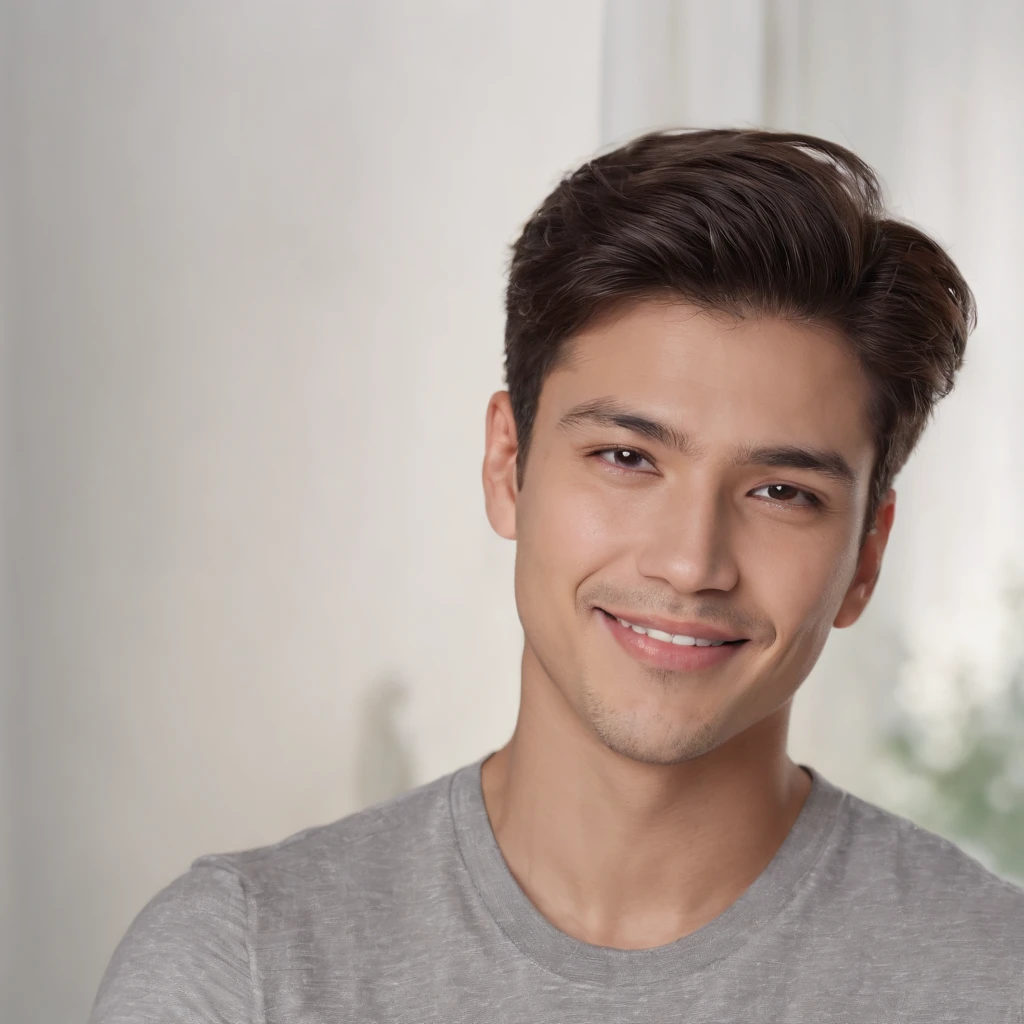 (photo: 1.3) af (photorealism: 1.3), Latino man, soft light, clear face, happy, cheerful, warm light, white t-shirt, (off-white background), (off-white background), ((grey wall background)) avatar, (long or short hair), smile, handsome, young,, short hair, smile, (close-up)
