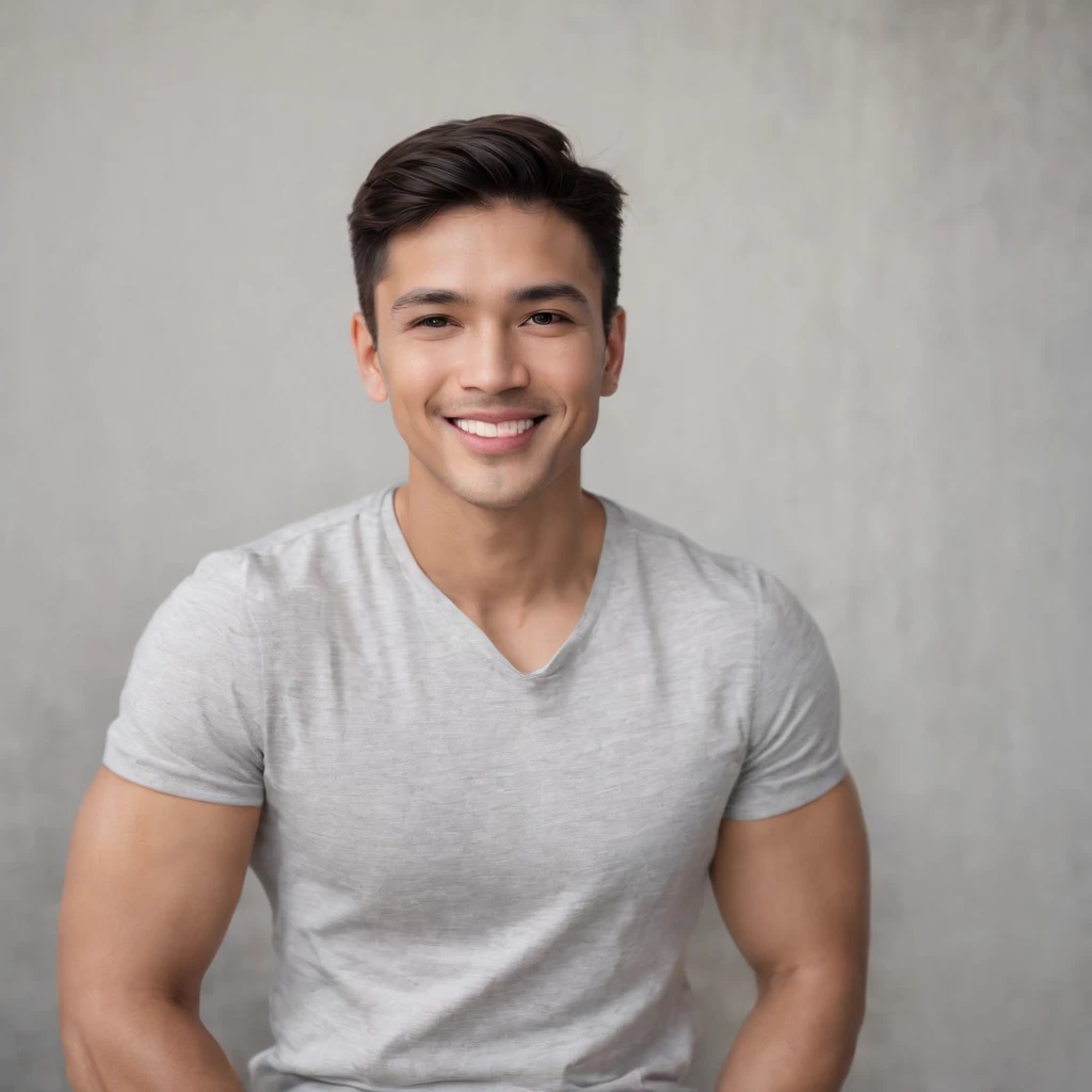 (photo: 1.3) af (photorealism: 1.3), Latino man, soft light, clear face, happy, cheerful, warm light, white t-shirt, (off-white background), (off-white background), ((grey wall background)) avatar, (long or short hair), smile, handsome, young,, short hair, smile, (close-up)