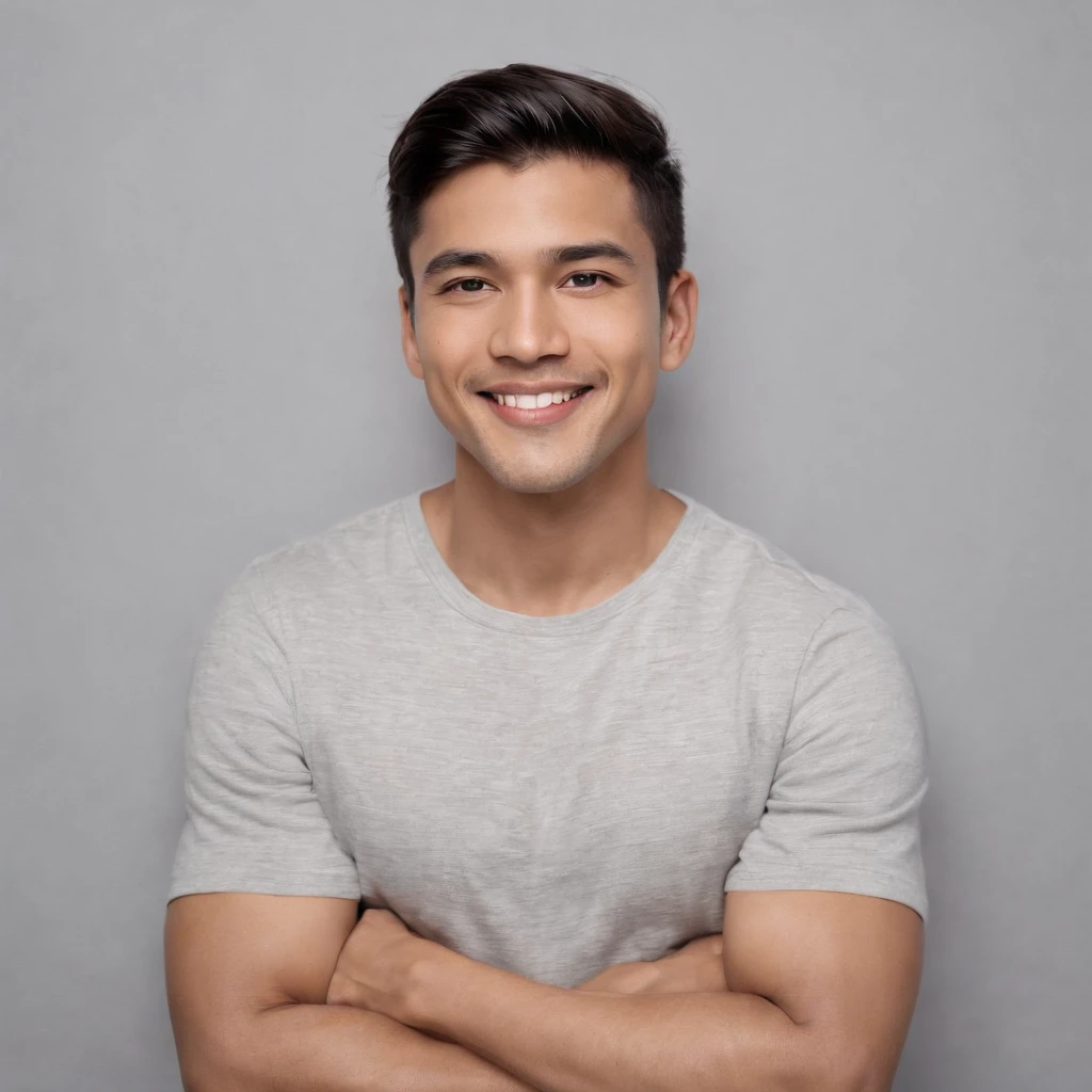 (photo: 1.3) af (photorealism: 1.3), Latino man, soft light, clear face, happy, cheerful, warm light, white t-shirt, (off-white background), (off-white background), ((grey wall background)) avatar, (long or short hair), smile, handsome, young,, short hair, smile, (close-up)