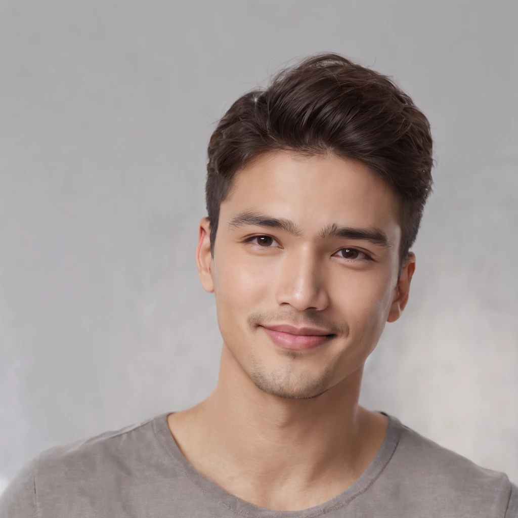 (photo: 1.3) af (photorealism: 1.3), Latino man, soft light, clear face, happy, cheerful, warm light, white t-shirt, (off-white background), (off-white background), ((grey wall background)) avatar, (long or short hair), smile, handsome, young,, short hair, smile, (close-up)