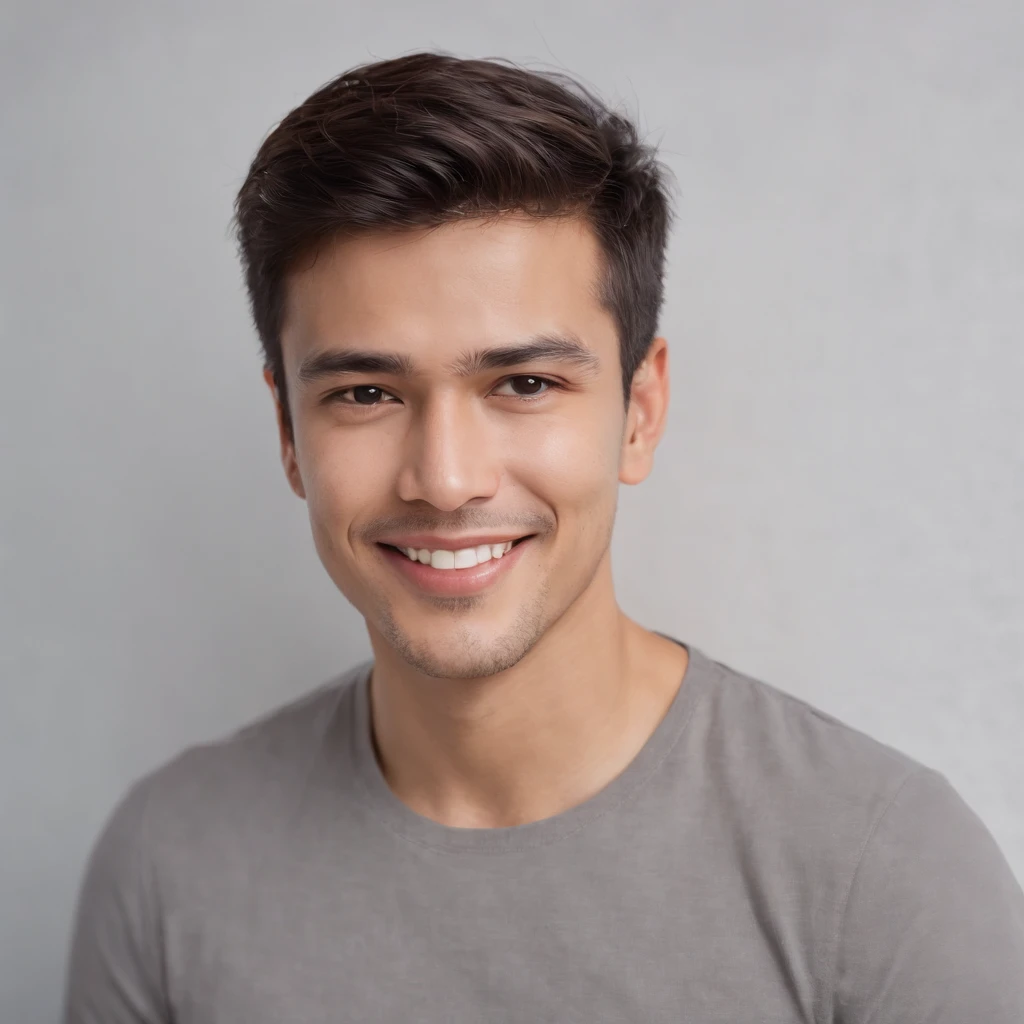 (photo: 1.3) af (photorealism: 1.3), Latino man, soft light, clear face, happy, cheerful, warm light, white t-shirt, (off-white background), (off-white background), ((grey wall background)) avatar, (long or short hair), smile, handsome, young,, short hair, smile, (close-up)