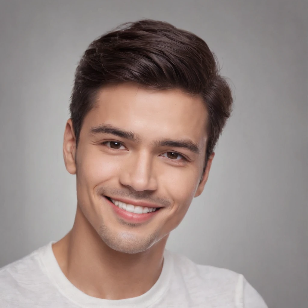 (photo: 1.3) af (photorealism: 1.3), Latino man, soft light, clear face, happy, cheerful, warm light, white t-shirt, (off-white background), (off-white background), ((grey wall background)) avatar, (long or short hair), smile, handsome, young,, short hair, smile, (close-up)