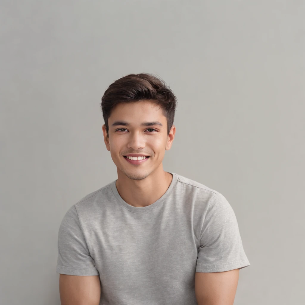 (photo: 1.3) af (photorealism: 1.3), Latino man, soft light, clear face, happy, cheerful, warm light, white t-shirt, (off-white background), (off-white background), ((grey wall background)) avatar, (long or short hair), smile, handsome, young,, short hair, smile, (close-up)