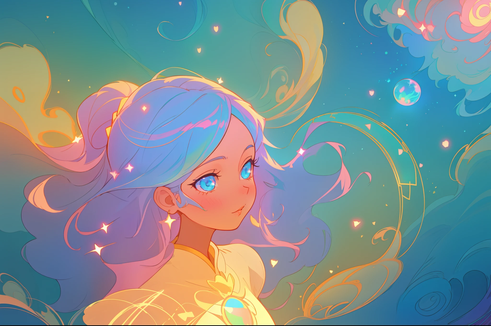 anime, princess flowing gown, glowing ethereal hair, anime girl with cosmic hair, beautiful young wind spirit, beautiful anime art style, beautiful digital illustration, inspired by Glen Keane, inspired by Lois van Baarle, disney art style, glowing aura around her, jen bartel, glowing lights, (masterpiece, best quality), sharp focus, 8k resolution, intricate detail, highly detailed, swirling lines of light, magical lights, whimsical, magical, fantasia background, pastel colors, beautiful girl, golden ratio, perfection, beautiful face, sparkling detailed eyes