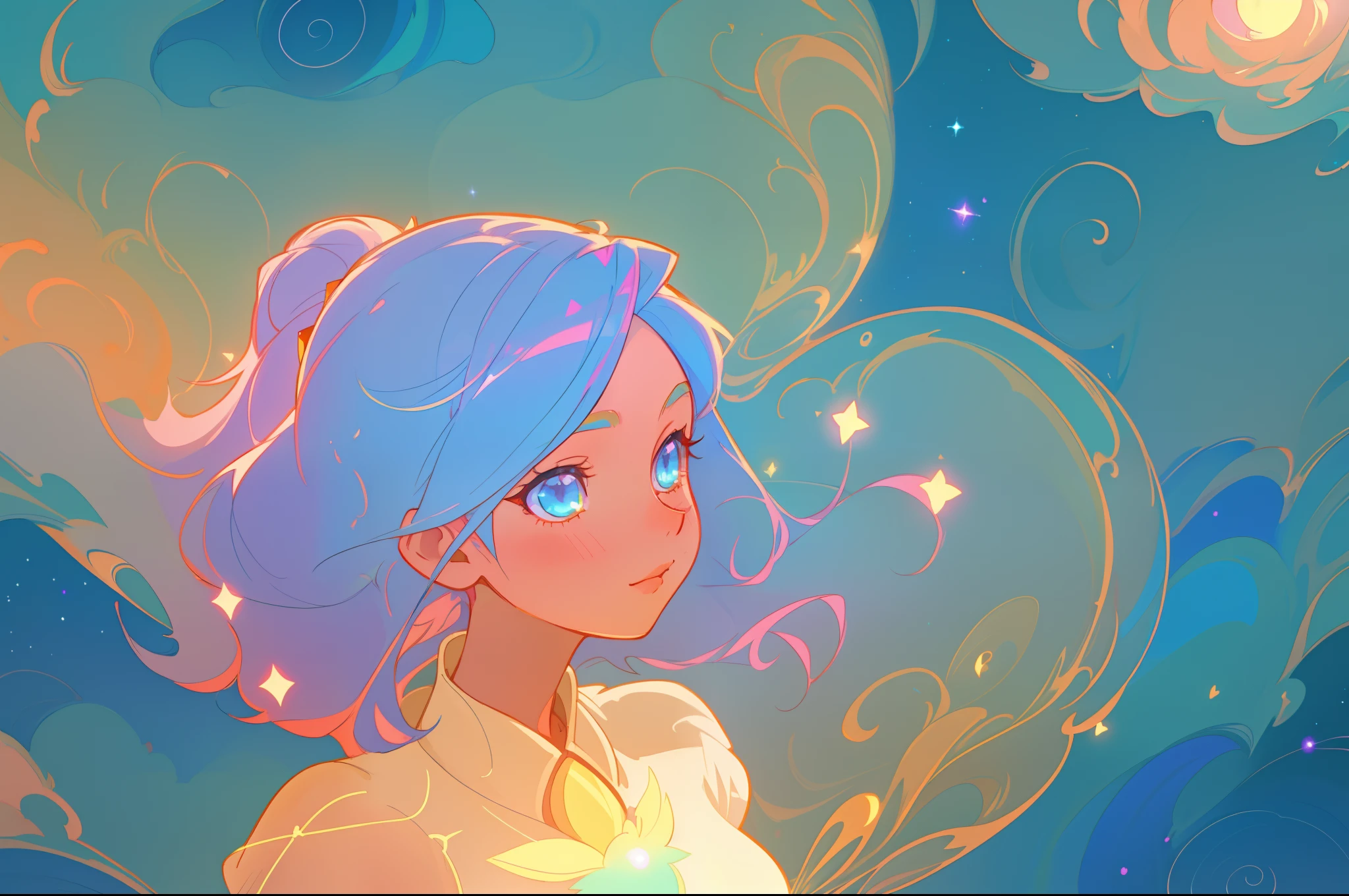 anime, princess flowing gown, glowing ethereal hair, anime girl with cosmic hair, beautiful young wind spirit, beautiful anime art style, beautiful digital illustration, inspired by Glen Keane, inspired by Lois van Baarle, disney art style, glowing aura around her, jen bartel, glowing lights, (masterpiece, best quality), sharp focus, 8k resolution, intricate detail, highly detailed, swirling lines of light, magical lights, whimsical, magical, fantasia background, pastel colors, beautiful girl, golden ratio, perfection, beautiful face, sparkling detailed eyes
