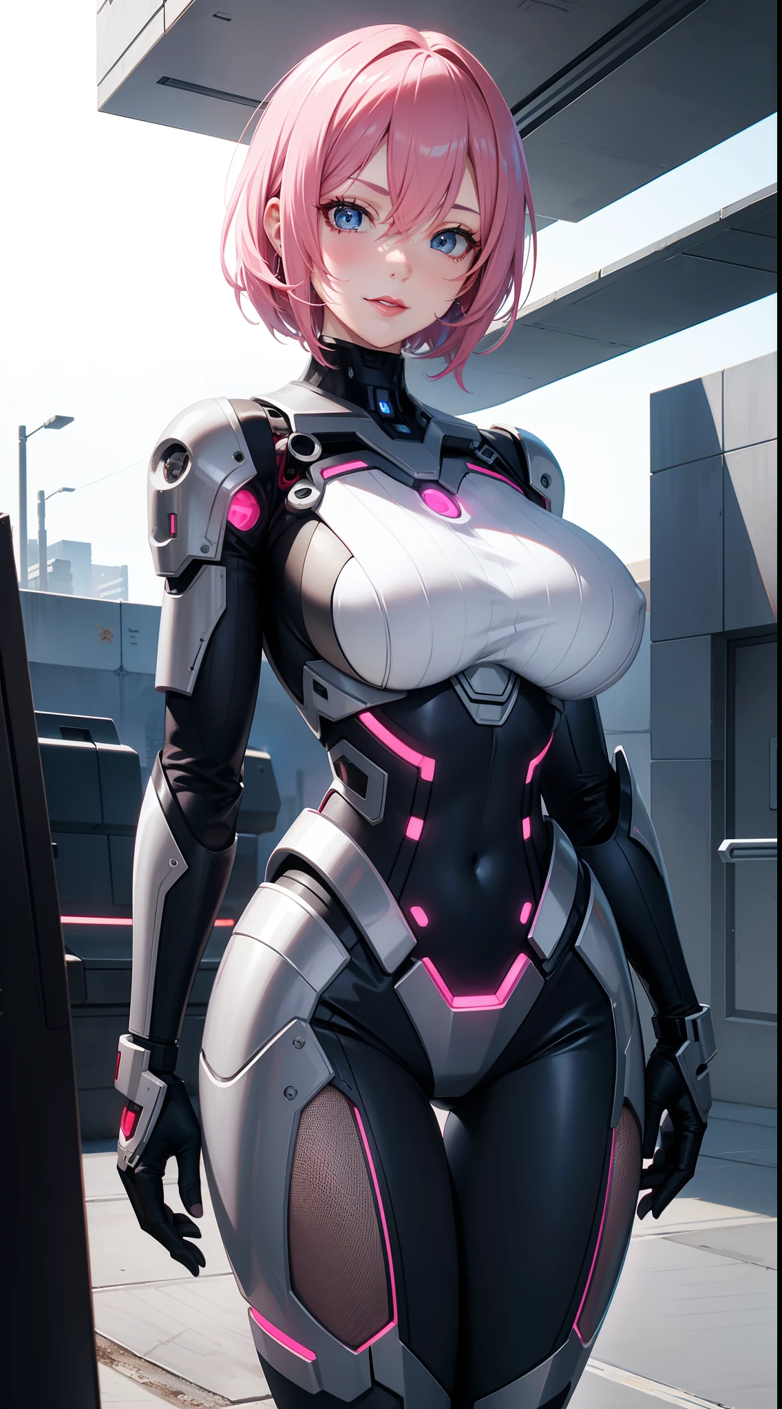 Grown-up girl, short pink hair, blue eyes, large breasts, red lipstick, smirk, gray plugsuit, cyborg, Masterpiece, hiquality, 4k, HD, Good detail