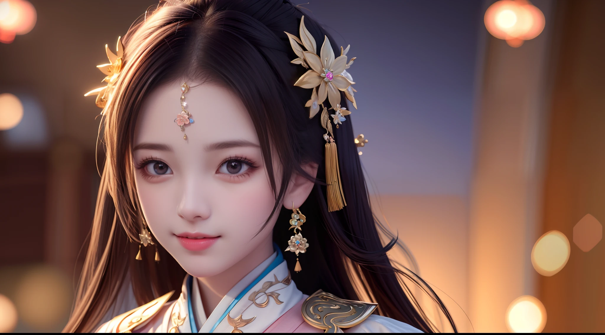 best quality, masterpiece, highres, 1girl,blush,(seductive smile:0.8),star-shaped pupils,china hanfu,hair ornament,necklace, jewelry,Beautiful face,upon_body, tyndall effect,photorealistic, dark studio, rim lighting, two tone lighting,(high detailed skin:1.2), 8k uhd, dslr, soft lighting, high quality, volumetric lighting, candid, Photograph, high resolution, 4k, 8k, Bokeh