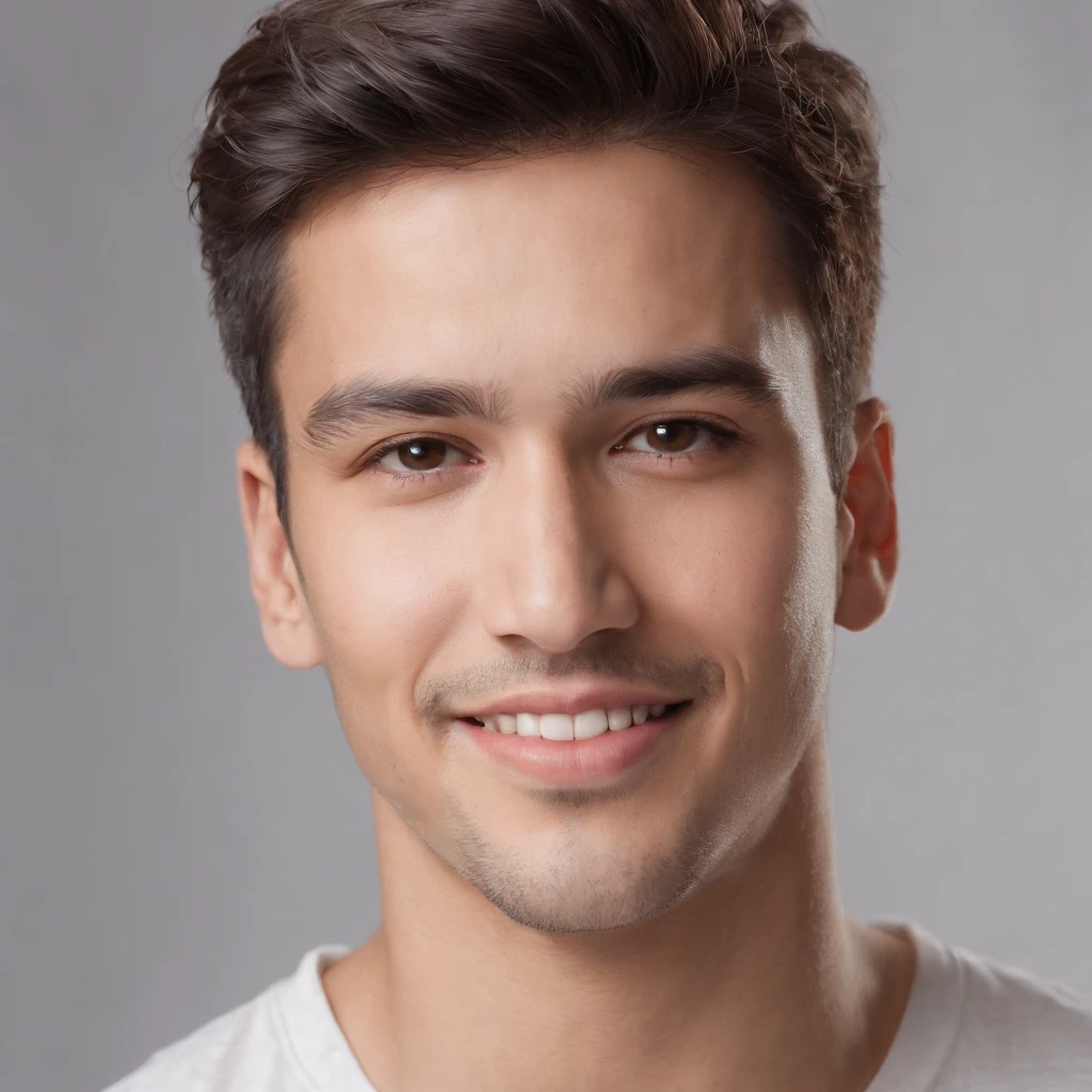 (photo: 1.3) af (photorealism: 1.3), (Hispanic Americans),Latino man, soft light, clear face, happy, cheerful, warm light, white t-shirt, (off-white background), (off-white background), ((grey wall background)) avatar, (long or short hair), smile, handsome, young,, short hair, smile, (close-up)