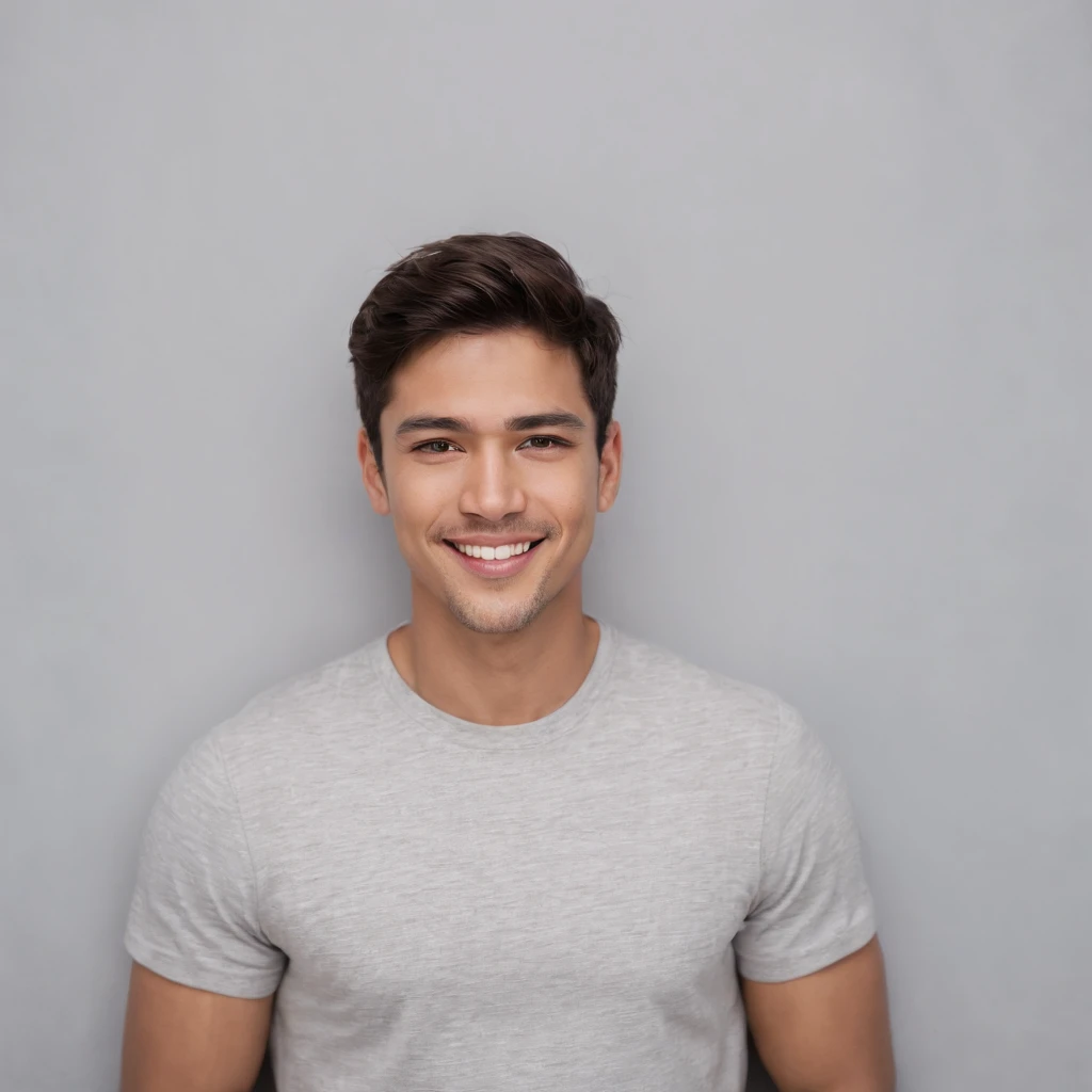 (photo: 1.3) af (photorealism: 1.3), (Hispanic Americans),Latino man, soft light, clear face, happy, cheerful, warm light, white t-shirt, (off-white background), (off-white background), ((grey wall background)) avatar, (long or short hair), smile, handsome, young,, short hair, smile, (close-up)