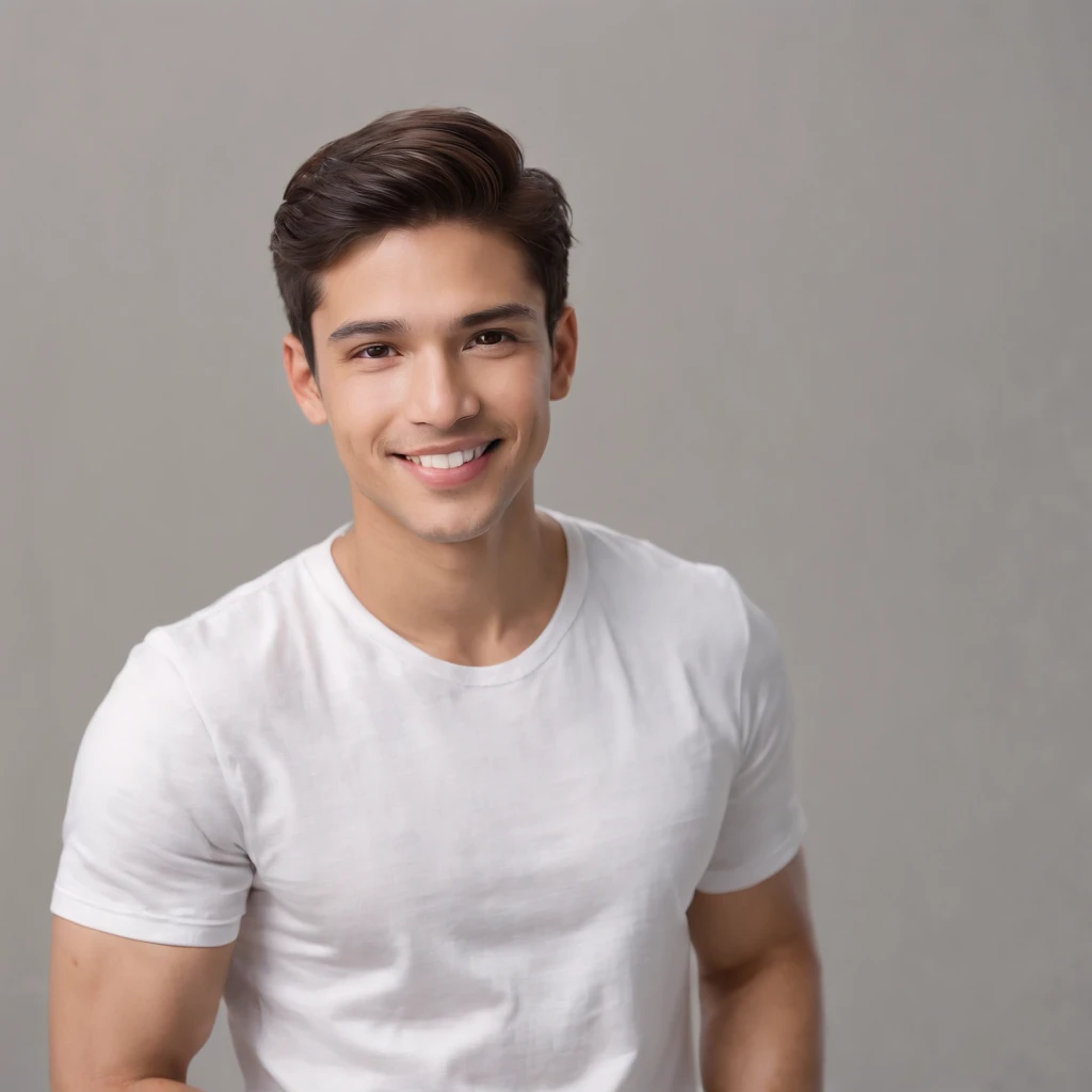 (photo: 1.3) af (photorealism: 1.3), (Hispanic Americans),Latino man, soft light, clear face, happy, cheerful, warm light, white t-shirt, (off-white background), (off-white background), ((grey wall background)) avatar, (long or short hair), smile, handsome, young,, short hair, smile, (close-up)