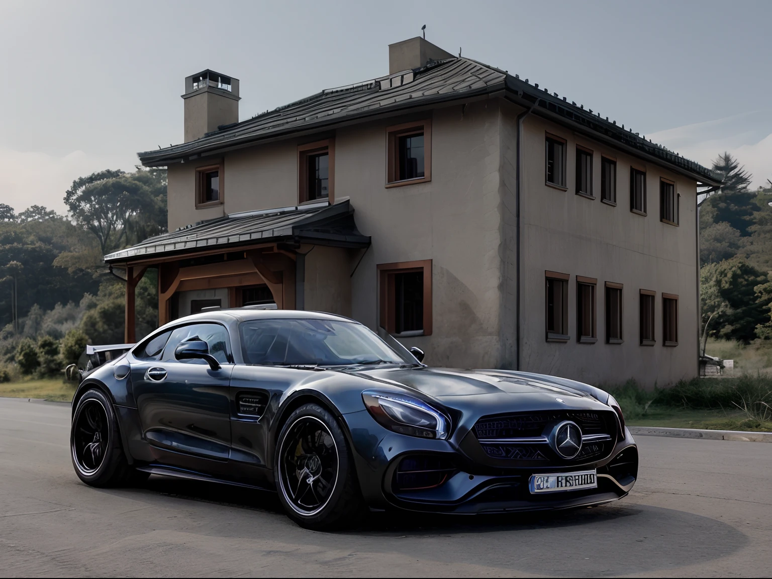 top-quality、超A high resolution、8K、Photoreal Stick、((Mercedes-AMG GT ))、(On the vertical grill:1.5)、The color is white、Parking in front of a modern house、Villa in the forest、