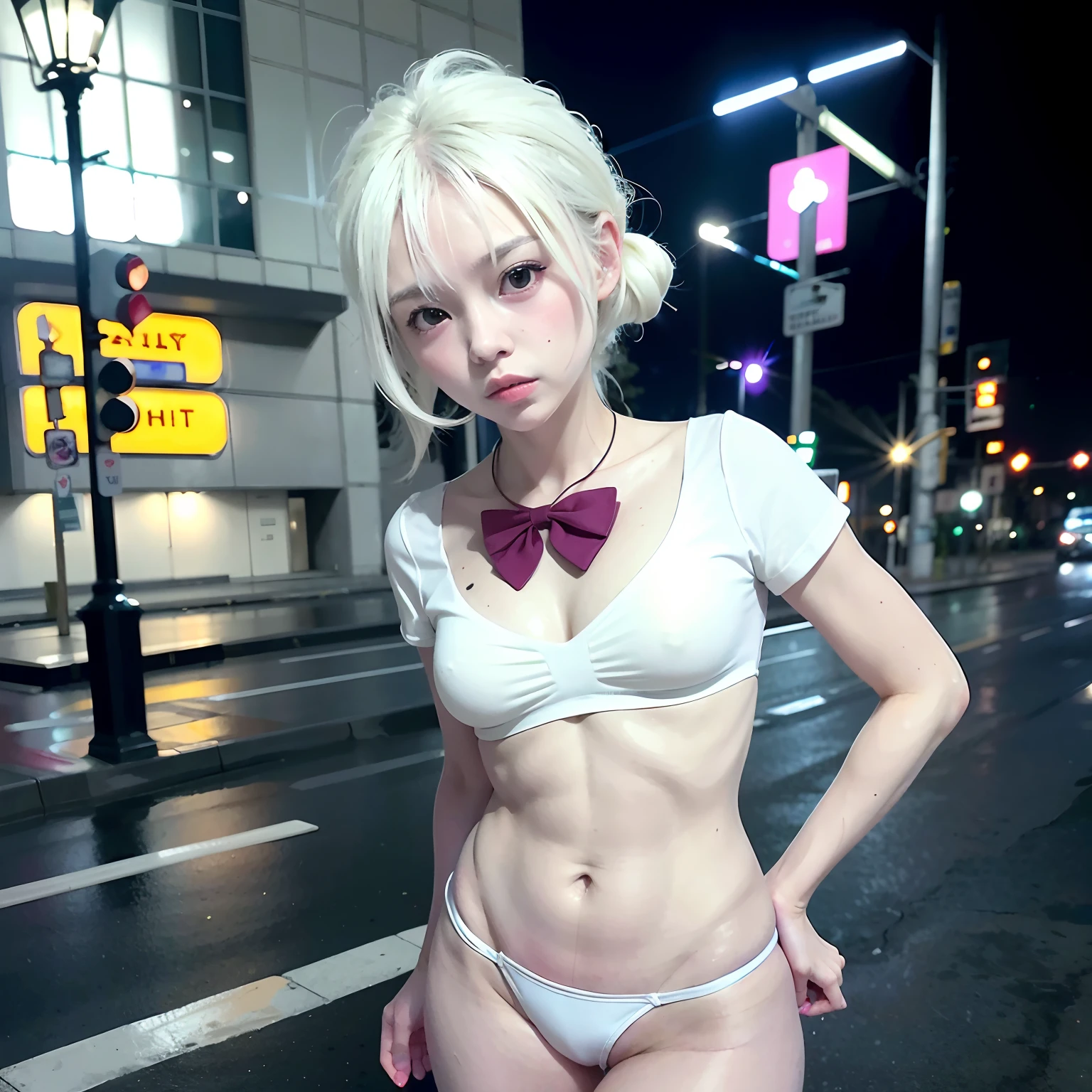 Full body like,(8K, RAW photo, Best quality, Mastery:1.3),(Realistic,photo-realistic:1.37),(Night),(looking viewer:1.331),(White hair),posing on a,Tokyo Street,nightcityscape,Cyberpunk city ,softlighting,1girll,Extremely beautiful face,chest circumference,putdownhands,Casual hairstyle,The expression is casual,largeeyes,,Alvine,,Style,,(Bow jk_tie),mix4,(RAW photo:1.2),camel-toe,Hollow-out on,sweat leggs,White liquid, Smooth pink skin, shiny metallic glossy skin, Shiny,spread their legs,M-shaped legs,angry look,sullenness,Irritated,white liquid all over body,Full body like