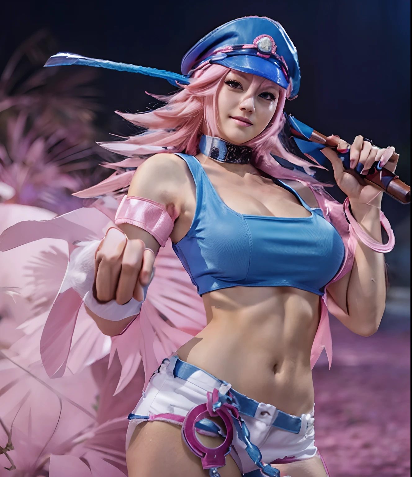 A pink hair,Blue Bailey Army hat,Young woman with leather whip,Wear a low-cut white vest,Extra short blue jeans ,fighting game character,Sexy pudica pose gesture,Misato Katsuragi,yayoi kasuma,sakura haruno,natalie from epic battle fantasy,official character art,pink iconic character,