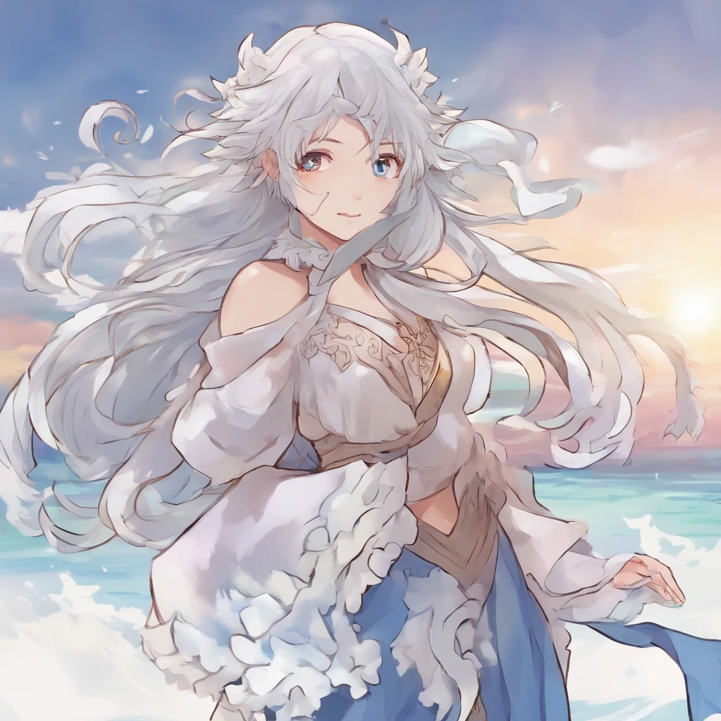 estilo anime, sereia com pernas, cabelos cinza, uma mecha grande e escura no cabelo, segurando espada, stretching out the open hand, Arctic, frigid landscape, imagem fria