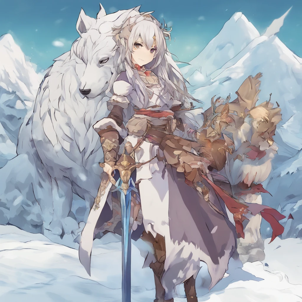 estilo anime, sereia com pernas, cabelos cinza, uma mecha grande e escura no cabelo, segurando espada, stretching out the open hand, Arctic, frigid landscape, imagem fria