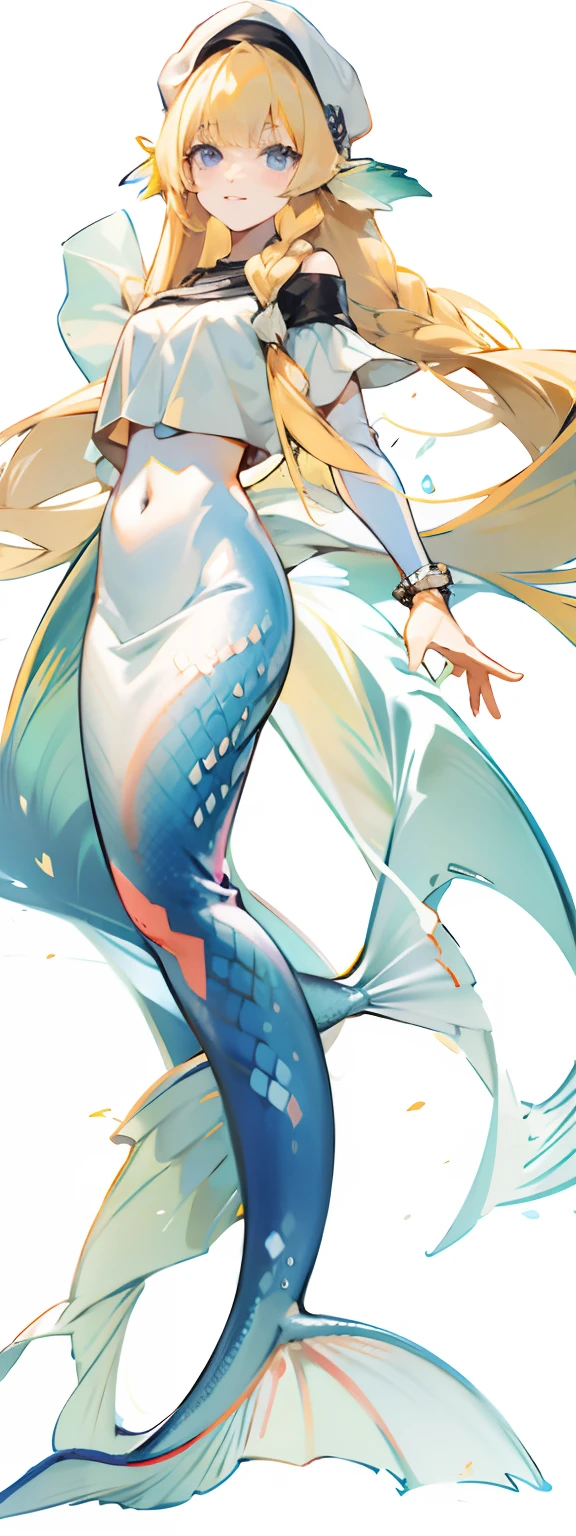 Anime character of a mermaid with long hair and white top,