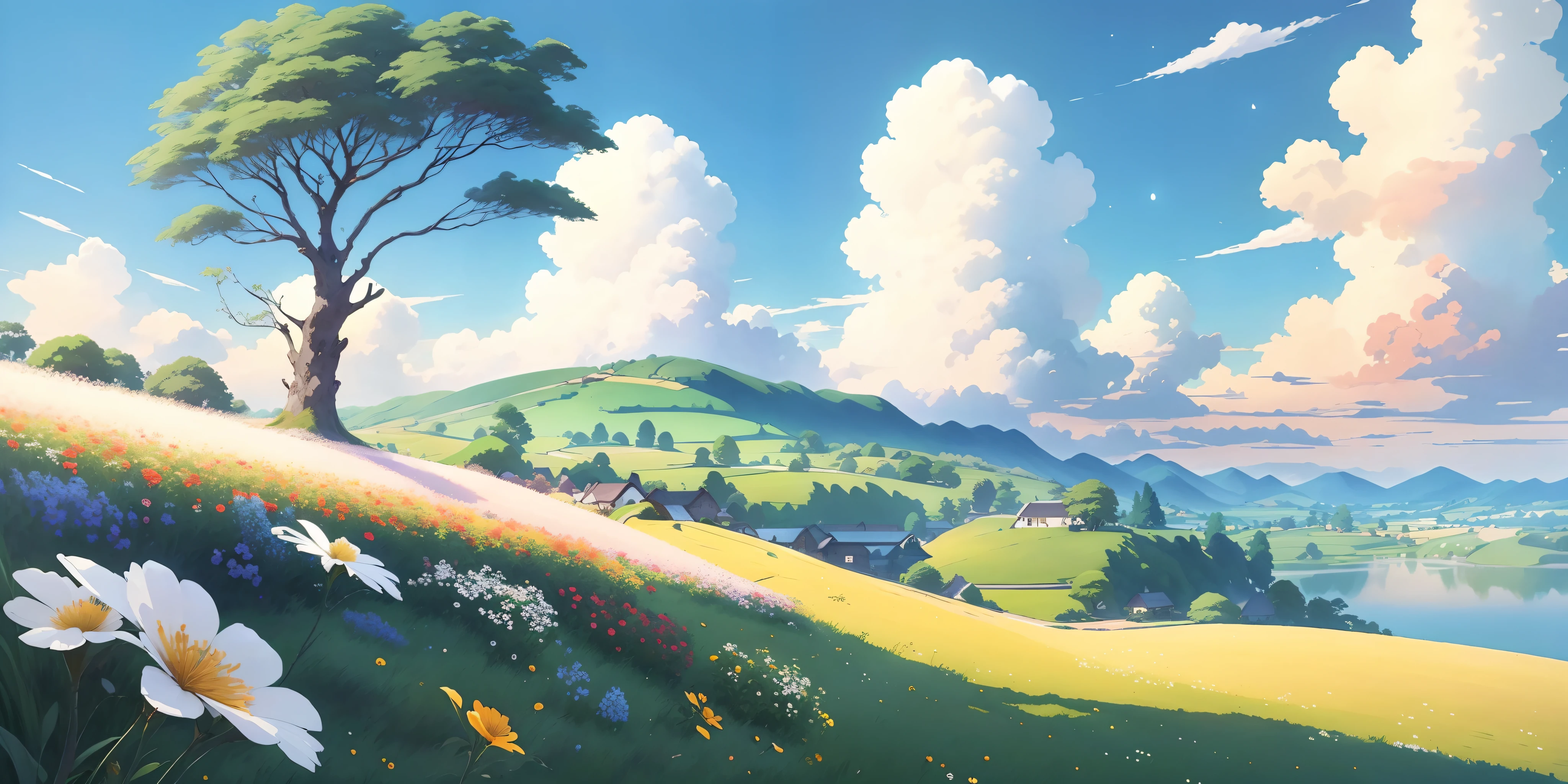 Draw a beautiful landscape of a tree and a flower, anime countryside landscape, ross tran. scenery background, arte de fundo, author:Sylvain Salair, View of Ghibli Studio, Anime background art, Anime landscape, anime landscape wallpapers, inspired by sylvain sarrailh, landscape artwork, beautiful anime scenery, A beautiful artwork illustration, 4 k hd wallpaper illustration