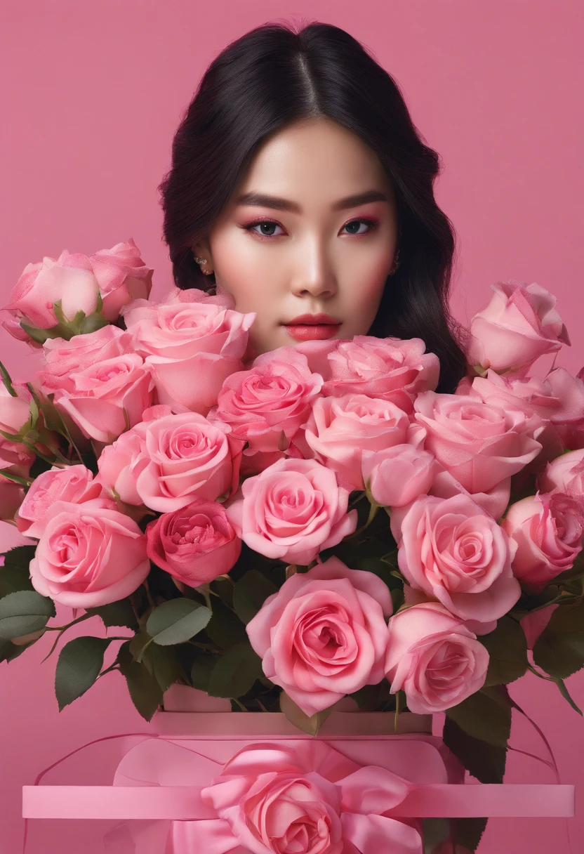 An incredibly detailed macro beauty photo of an Asian model, hands holding a bouquet of pink roses, cercado por corvos assustadores do inferno. Shot on a Hasselblad medium format camera with a 100mm lens. Unmistakable for a photograph. Cinematic lighting.