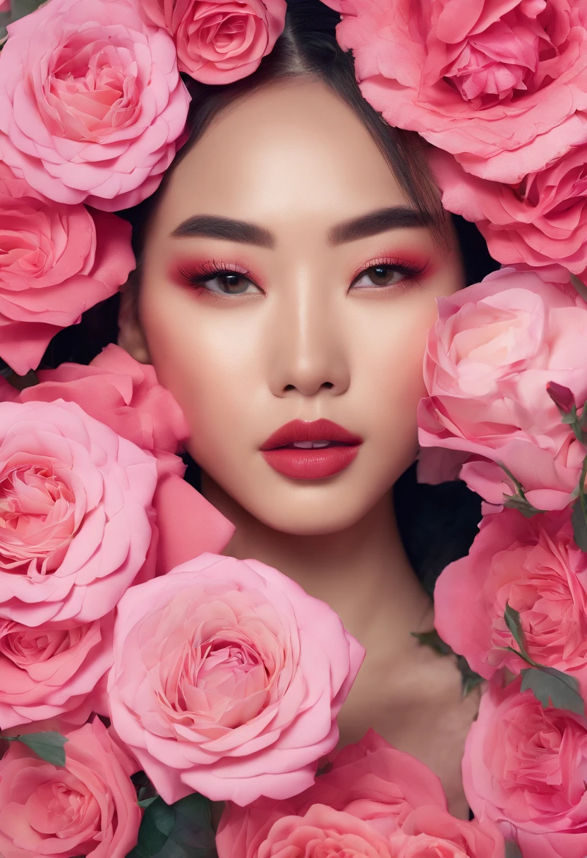 An incredibly detailed macro beauty photo of an Asian model, hands holding a bouquet of pink roses, cercado por corvos assustadores do inferno. Shot on a Hasselblad medium format camera with a 100mm lens. Unmistakable for a photograph. Cinematic lighting.