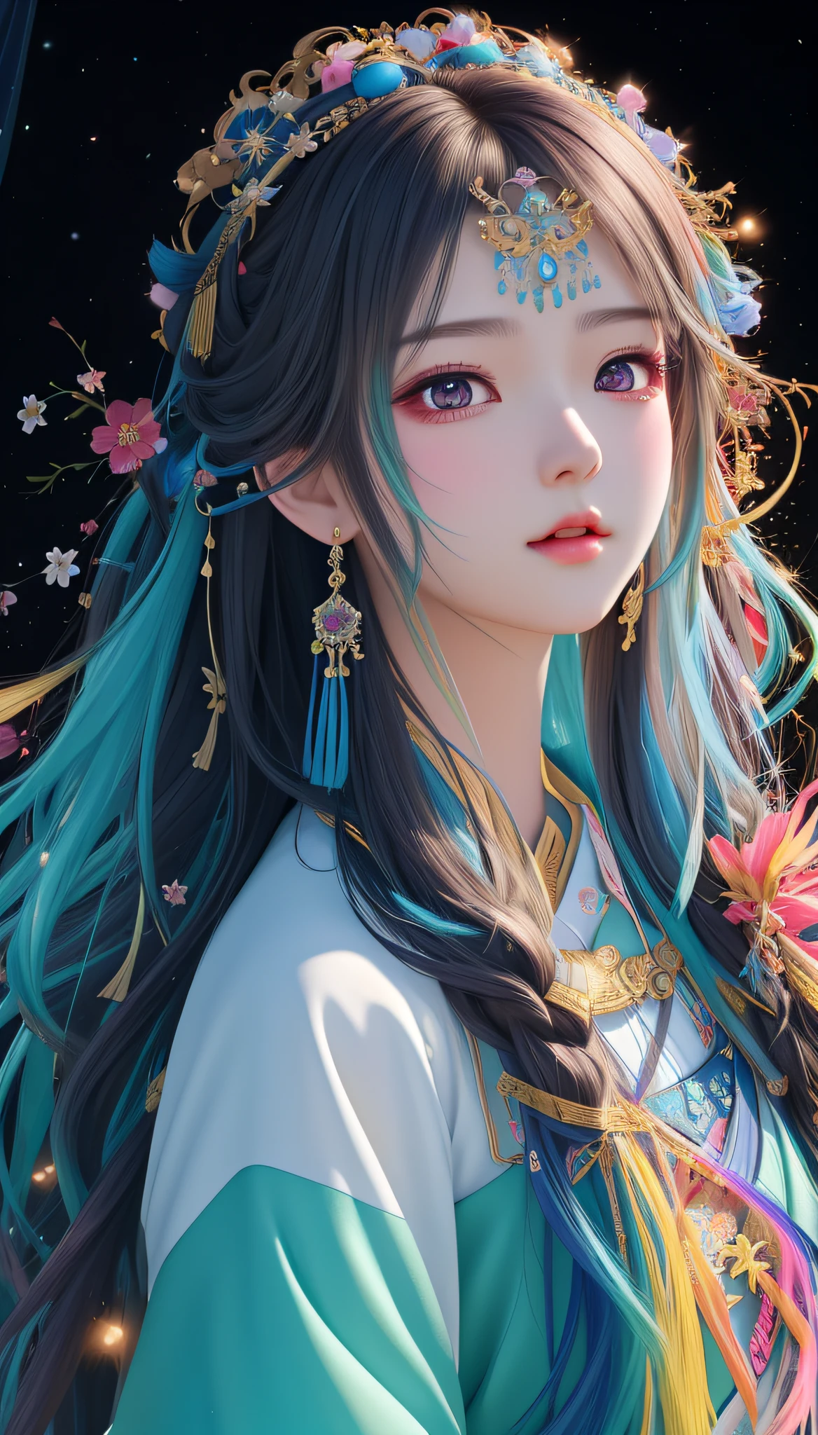 a close up of a woman with long hair wearing a colorful headpiece, 8k high quality detailed art, palace ， a girl in hanfu, 4k highly detailed digital art, artwork in the style of guweiz, anime style. 8k, fantasy art style, guweiz, anime girl with cosmic hair, beautiful digital artwork, beautiful digital illustration