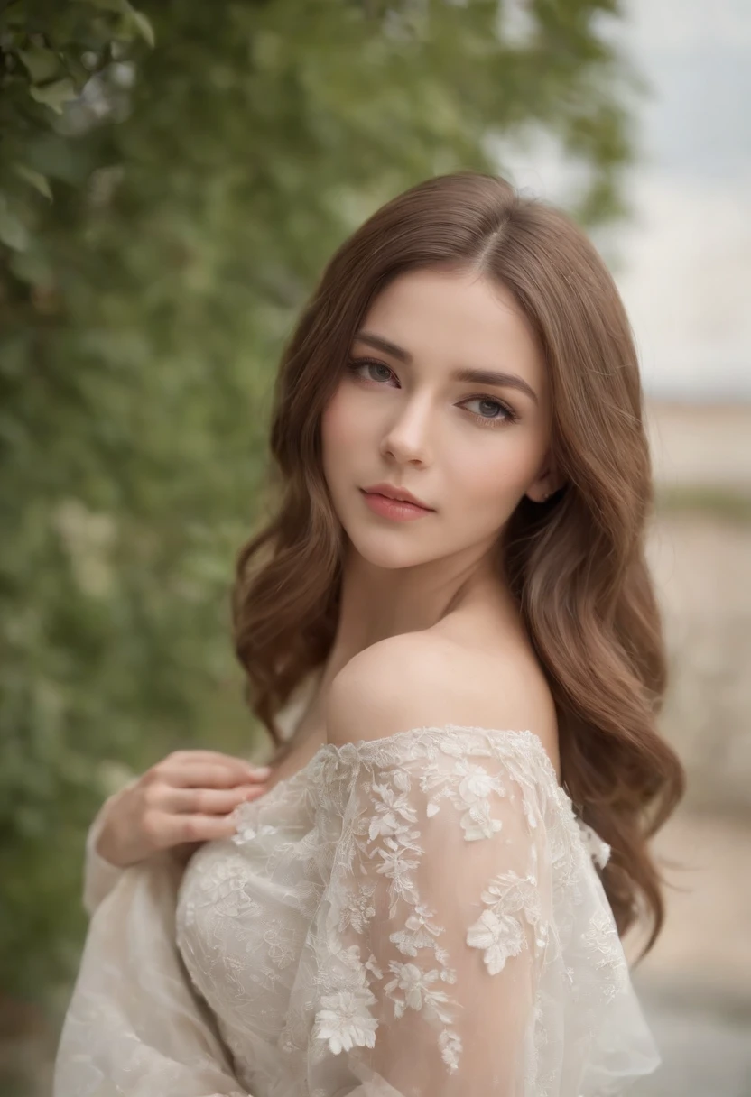High resolution, La mejor calidad, Obra maestra, ultra-high def, ultra-high def, ultra realista, ..3D, anime, 插圖, solamente, Very beautiful and cute woman in her twenties, Lleva un vestido largo de minifalda floral blanco claro y agita sus alas, Su cabello se mueve, cuerpo completo, Maravillosas proporciones perfectas, shiny light brown medium hair, Corte de capa alta, Peinado de salmonete, ojos azules brillantes, feliz, bashful