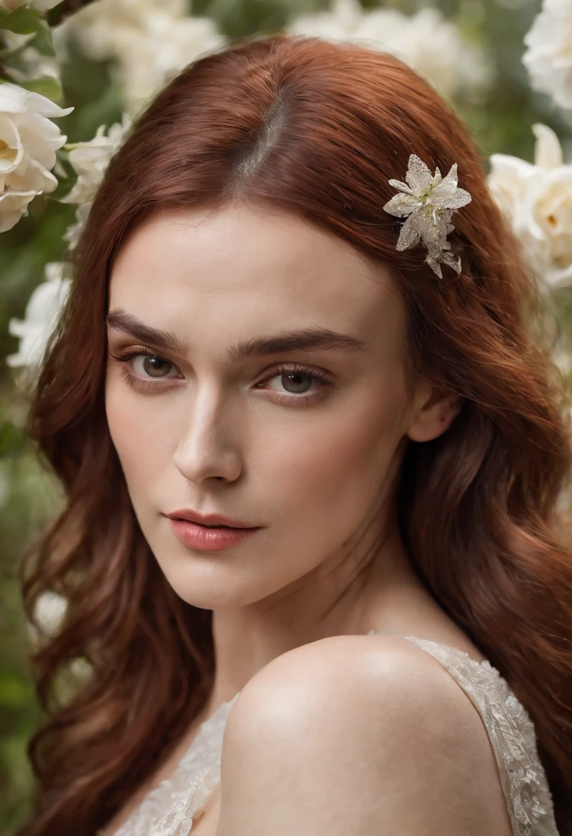 a close up of a Keira Knightley with a necklace , hands over the head, flowers in hair, low key photo, rim light, side light, dramatic lighting, cinematic lighting, totally naked, showing medium breast, detailed charming face, detailed every things, modeling photography, glamour photography,20 yo girl, modeling shoot, 4 k glamour photography, jaw-dropping beauty, gorgeous and beautiful, portrait color glamour, red haired goddess, photo of a beautiful woman, professional model photography, Masterpiece, hyper realistic, detailed face.