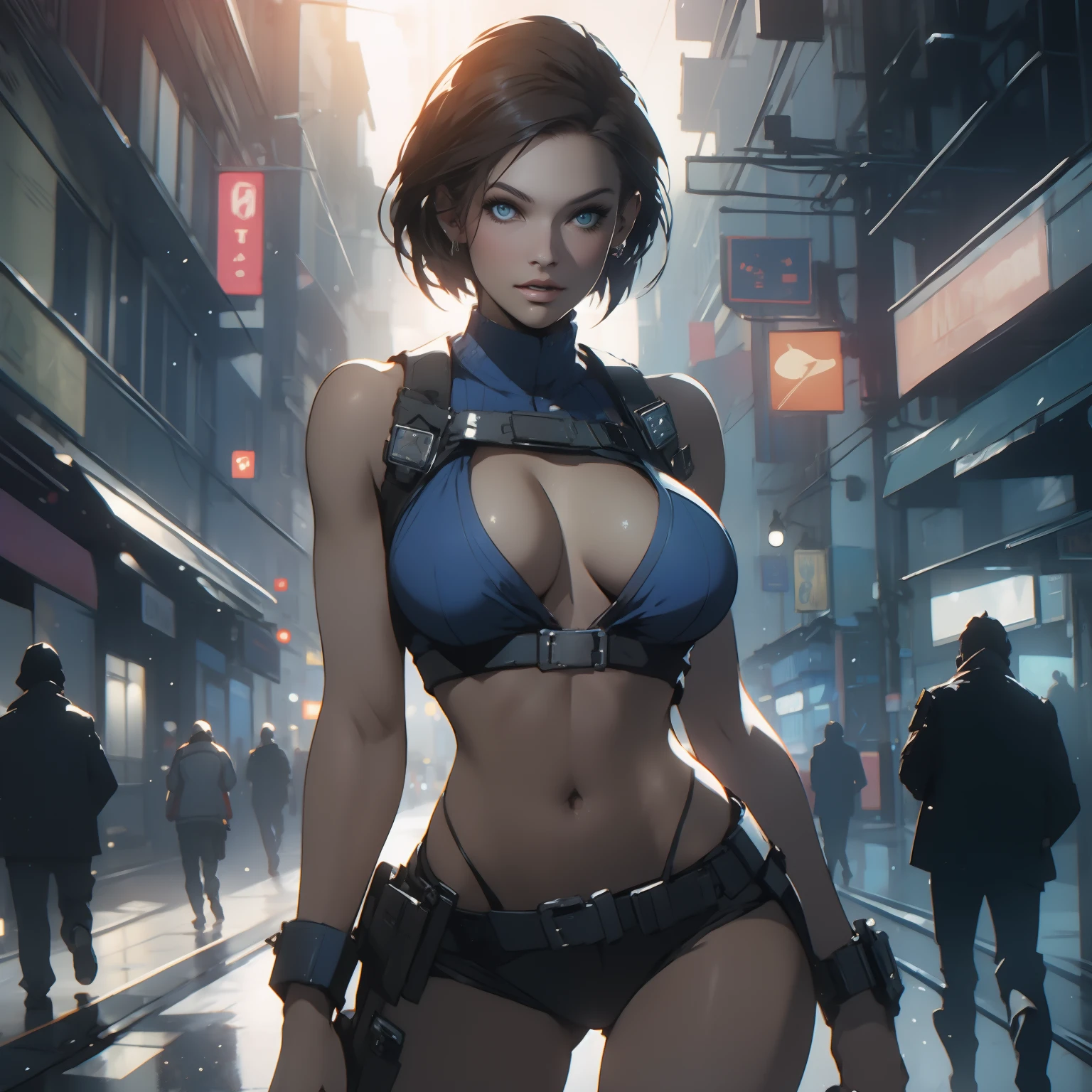 jill valentine, beautiful woman, sexy woman, perfect breast, ((half body)), (looking at viewer:1.1), night street, by Conor Harrington