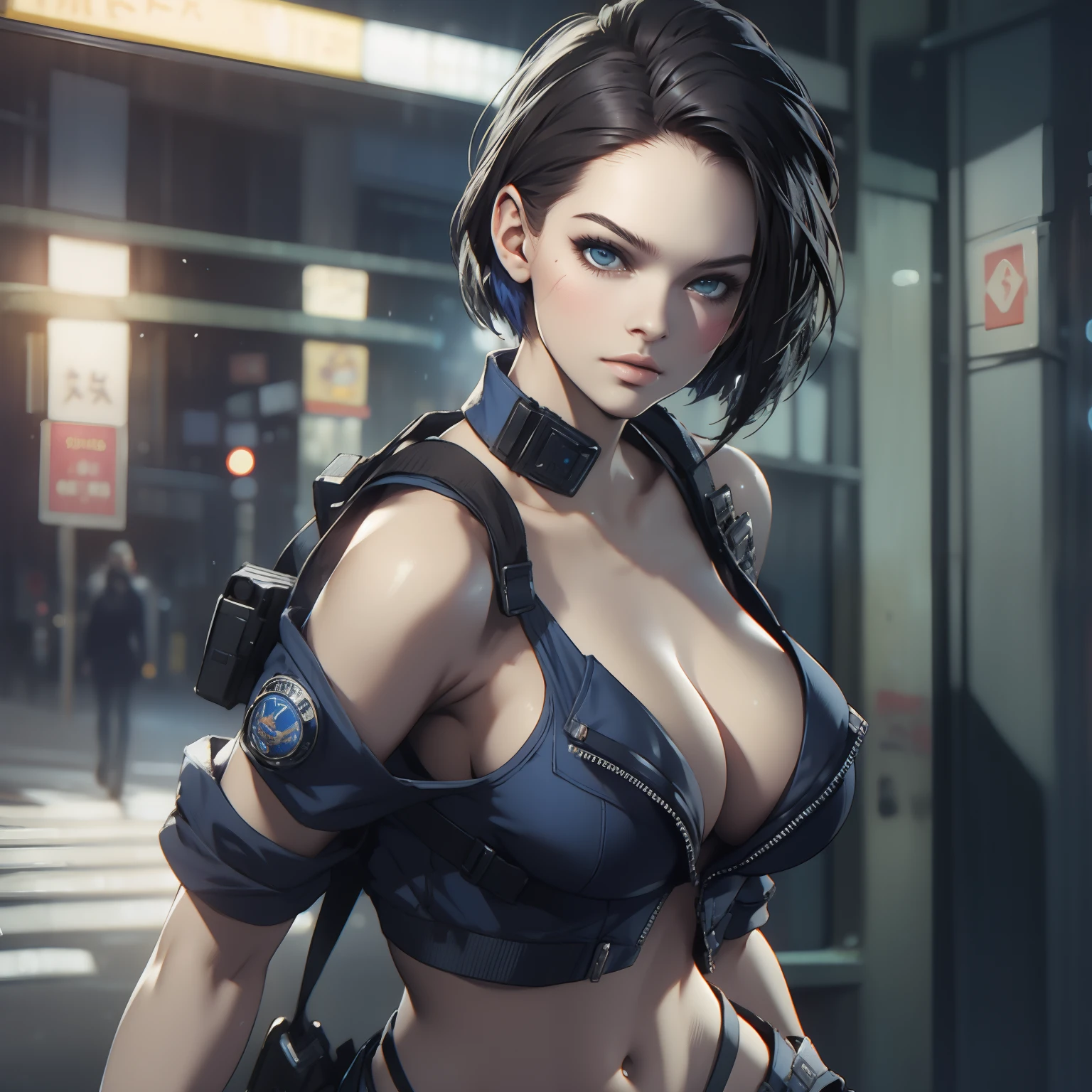 jill valentine, beautiful woman, sexy woman, perfect breast, ((half body)), (looking at viewer:1.1), night street, by Conor Harrington