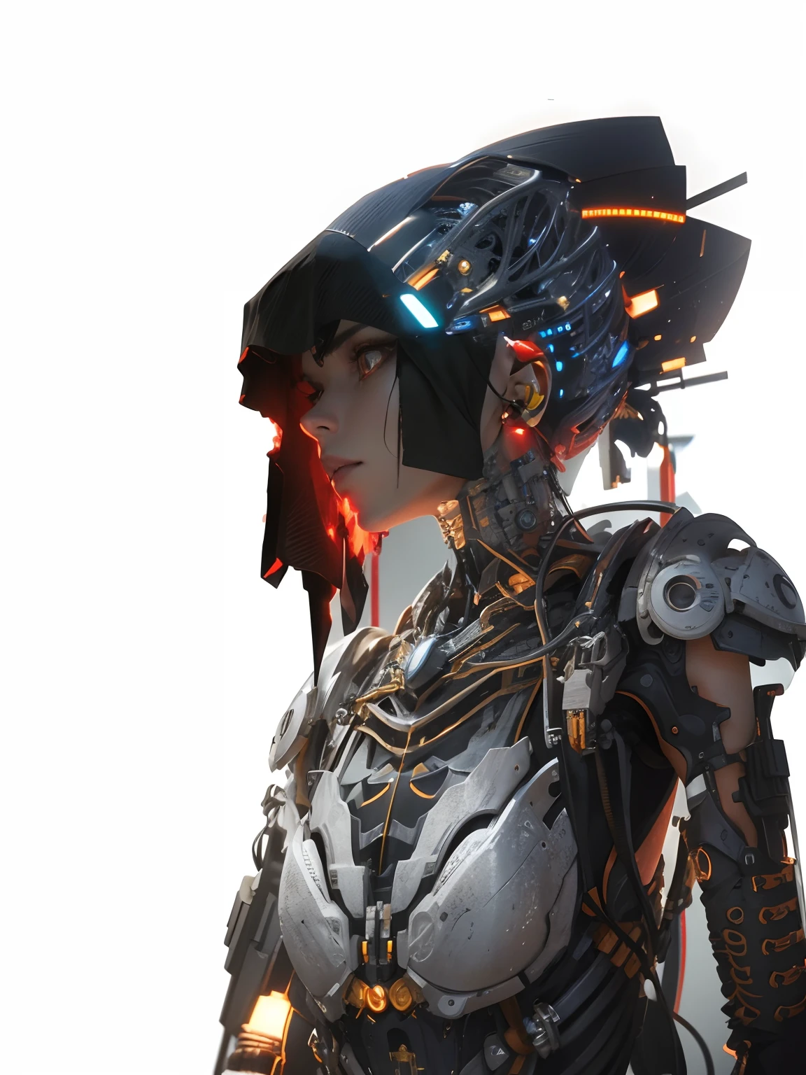 shadowing,rendering by octane,8k,Super sharp,metals,复杂,Decorations detailed,cool colours,egypician detail,highly intricate detail,realistic raytraicing,CGsociety,neon light detail,Mechanical limbs,blood vessels attached to the tube,A mechanical vertebrae attached to the back,Mechanical cervical connection of the neck,sitted,wires and cables connecting to head
