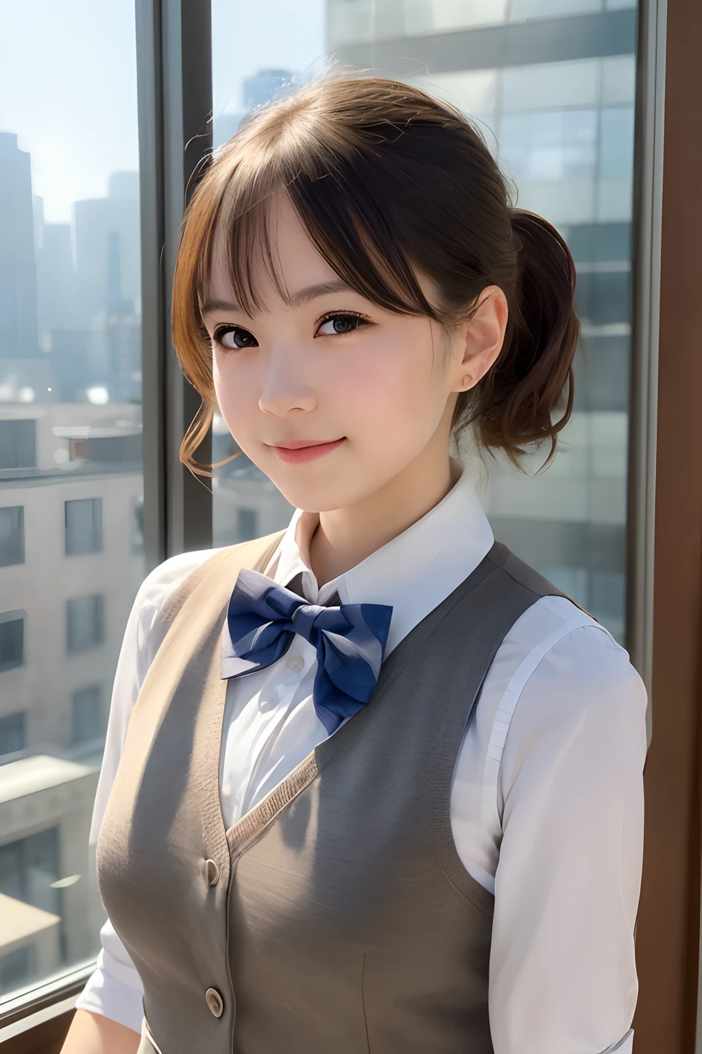 1girl, matured female, vest, bow, photo, realistic, best quality, hires, detailed face, office, buildings from window, detailed background, diffused sunlight, depth of field, bokeh