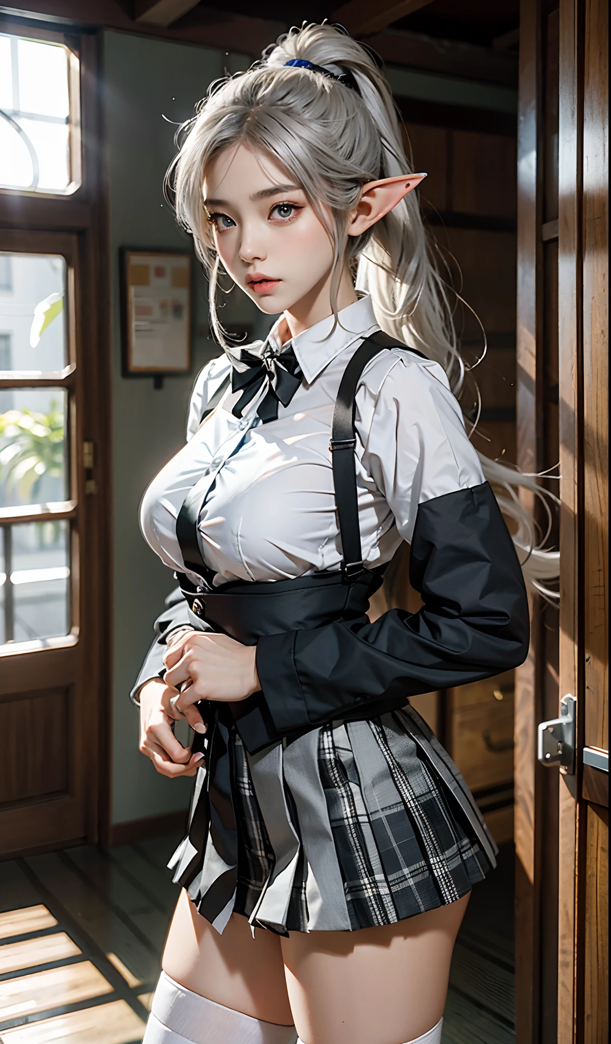 photorealistic, high resolution, 1women, mature female, solo, hips up, look at viewer, (detailed face), white hair, long hair, school uniform, mini skirt