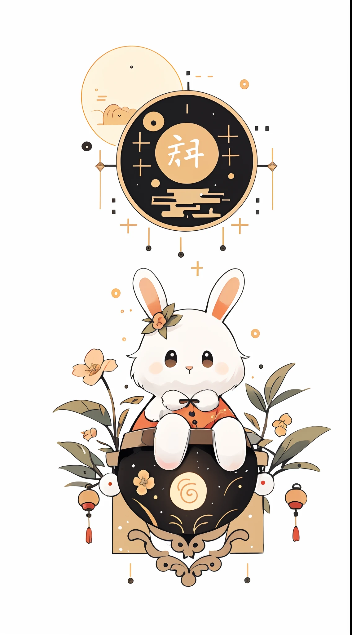 （A rabbit：1.4）, sat on the ground, Looking up, （（Mid-Autumn Festival atmosphere，sweet osmanthus，Kongming Lantern，Meniscus，Moon cake）），（Chinese kanji：1.3），Chinese Traditional illustration style, Digital art, Simple background, Masterpiece on white background, Best quality, Ultra-detailed, High quality, 4K