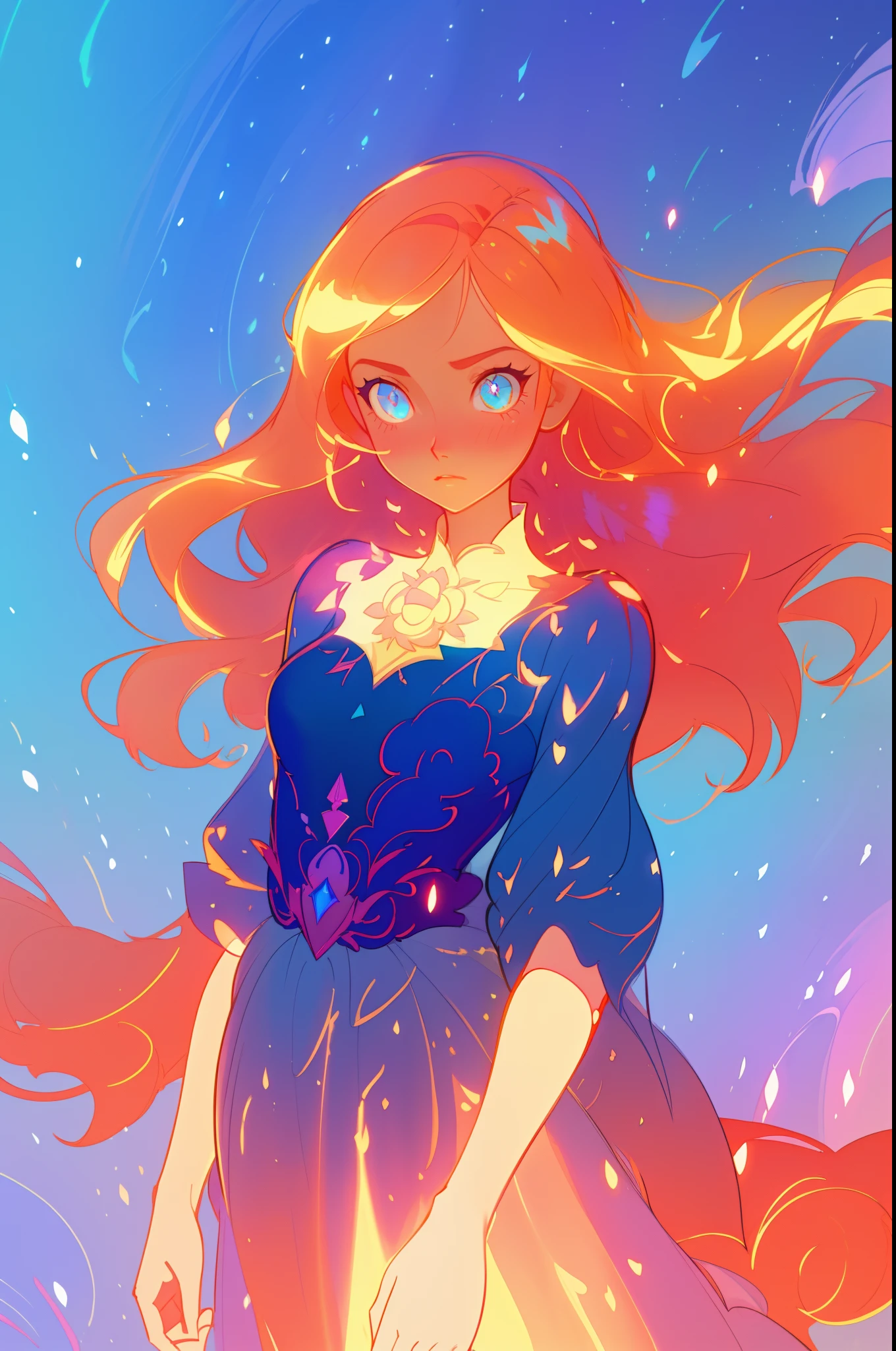 beautiful anime girl in glowing intricately designed ballgown, inspired by Glen Keane, inspired by Lois van Baarle, disney art style, by Lois van Baarle, glowing aura around her, by Glen Keane, jen bartel, glowing lights! digital painting, flowing glowing hair, glowing flowing hair, beautiful digital illustration, fantasia background, whimsical, magical, fantasy, beautiful face, ((masterpiece, best quality)), intricate details, highly detailed, sharp focus, 8k resolution, sparkling detailed eyes, liquid watercolor