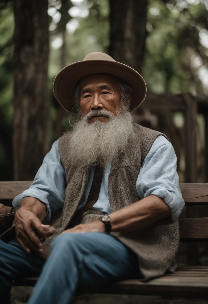 Man with a long beard and a hat sitting on a bench, Wise old man, um velho, foto do retrato de um homem velho, old man, Asian people, retrato do homem velho, um homem de 80 anos, macho velho, peaceful expression, retrato perfeitamente centrado, foto de um homem, Chinese artist, um velho