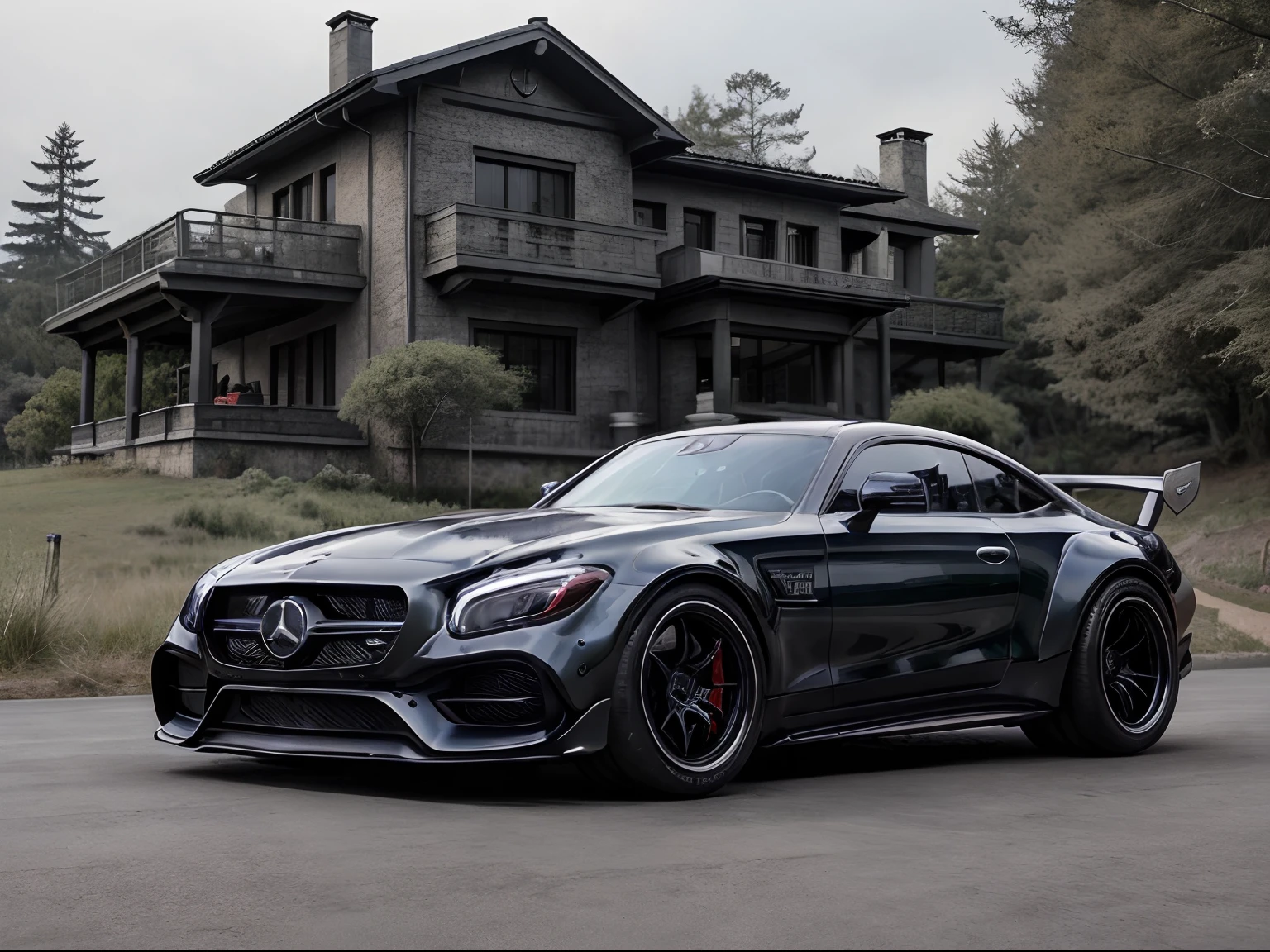 top-quality、超A high resolution、8K、Photoreal Stick、((Mercedes-AMG GTC190))、LB-Works Full Compreet Liberty Walk、Flashy design、Parking in front of a modern house、Villa in the forest、
