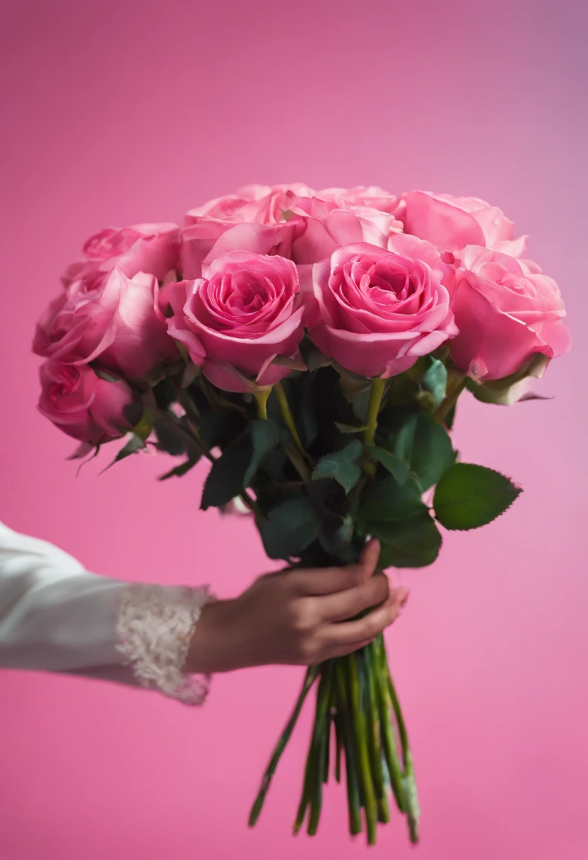 An incredibly detailed macro beauty photo of an Asian model, hands holding a bouquet of pink roses, cercado por corvos assustadores do inferno. Shot on a Hasselblad medium format camera with a 100mm lens. Unmistakable for a photograph. Cinematic lighting.