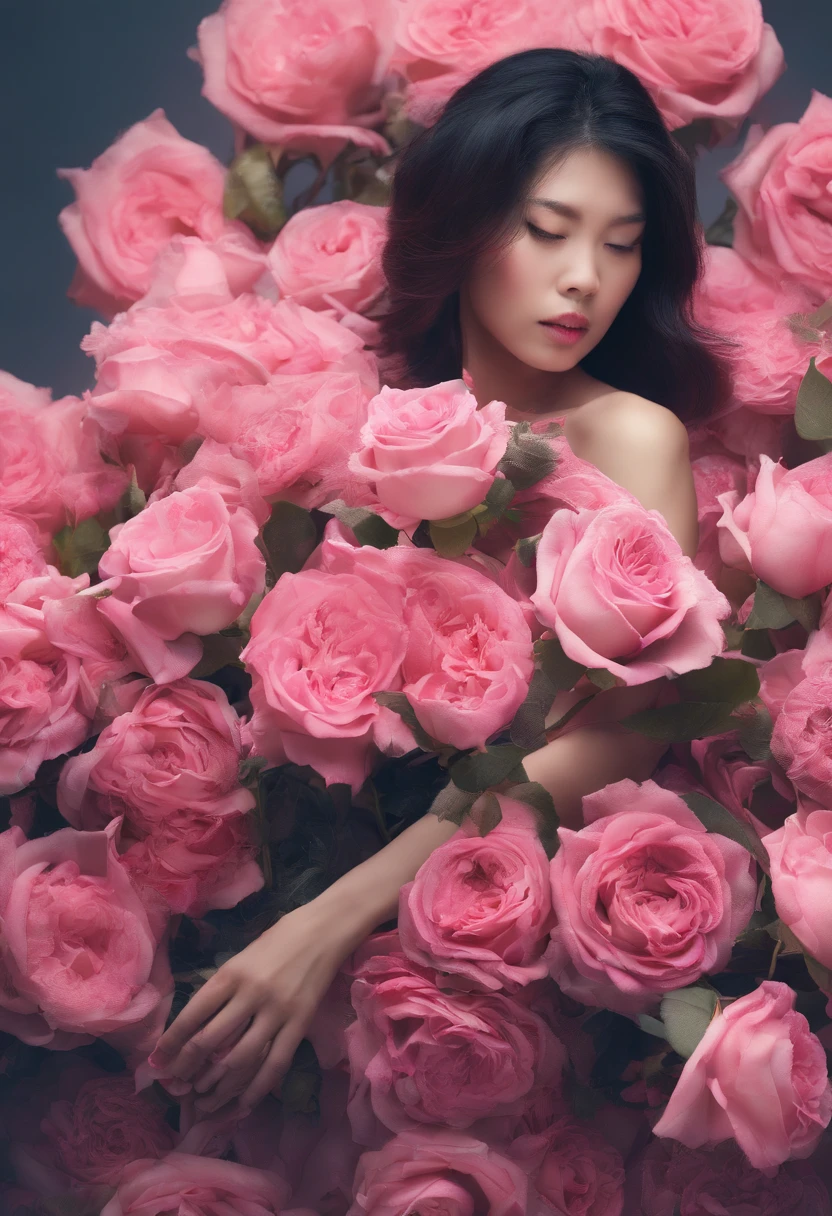 An incredibly detailed macro beauty photo of an Asian model, hands holding a bouquet of pink roses, cercado por corvos assustadores do inferno. Shot on a Hasselblad medium format camera with a 100mm lens. Unmistakable for a photograph. Cinematic lighting.