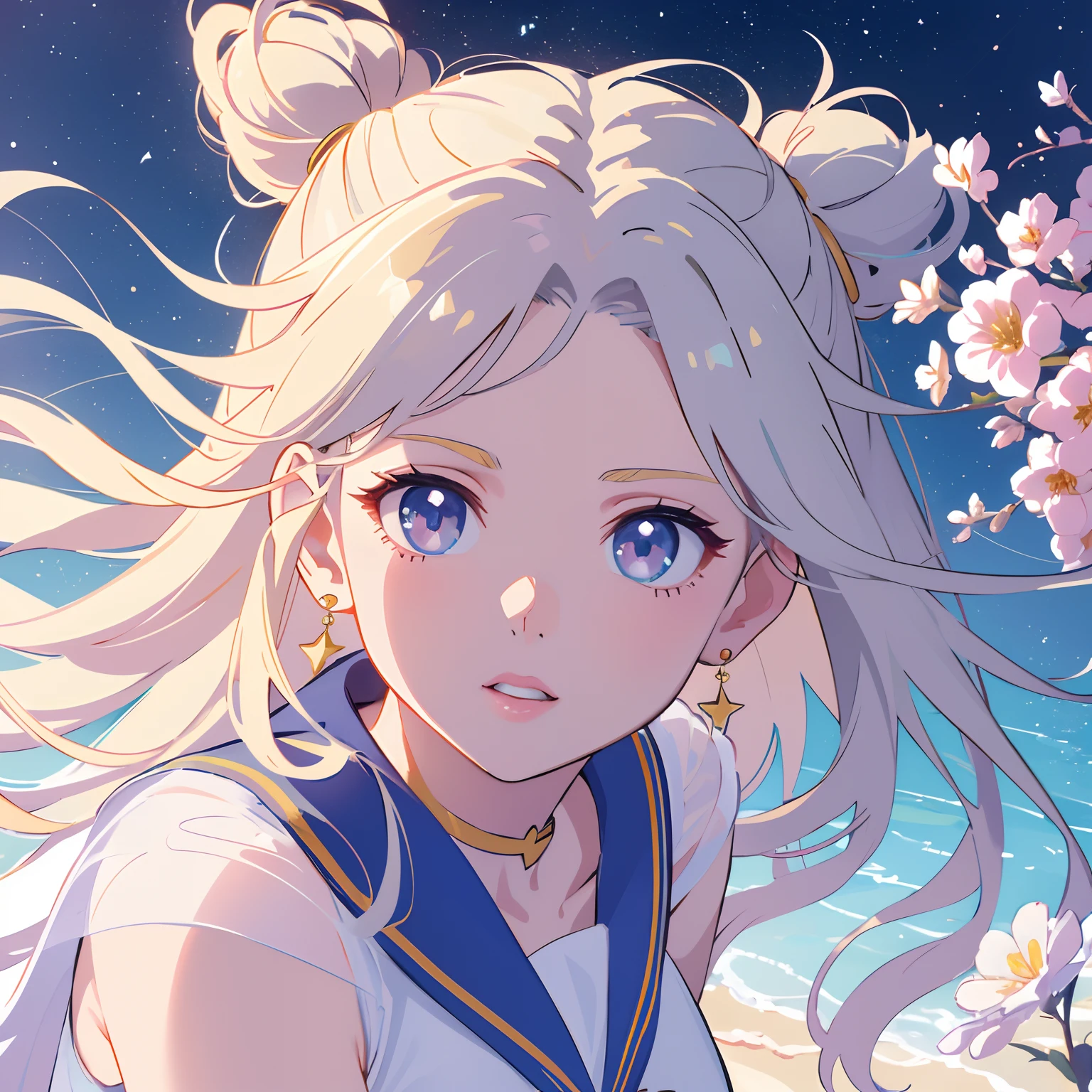 (best quality,4k,8k,highres,masterpiece:1.2),ultra-detailed,(realistic,photorealistic,photo-realistic:1.37),anime,portrait,beautiful detailed eyes,beautiful detailed lips,extremely detailed eyes and face,long eyelashe,sailor moon girl,sitting on the eaves,holding glow sticks, moonlight streaming through the clouds,rippling reflection of the stars on the water,blooming flowers in the background,soft pastel colors,dreamy lighting.