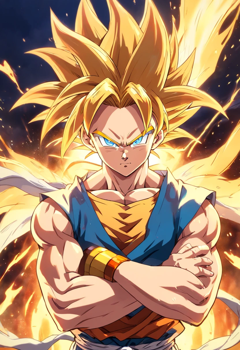 Gogeta Super Saiyan Transformation Arms Crossed, battlefield, 8k uhd, gold