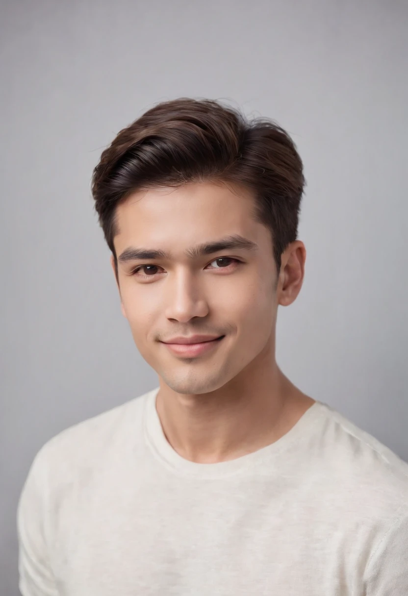 (photo: 1.3) af (realism: 1.3), (Hispanic), Latino man profile picture, frontal close-up, soft light, clear face, happy, cheerful, warm light, white t-shirt, (off-white Background), (grey and white background)), ((grey wall background)) avatar, (long or short hair), smile, handsome, young,, short hair, smile, (close-up)