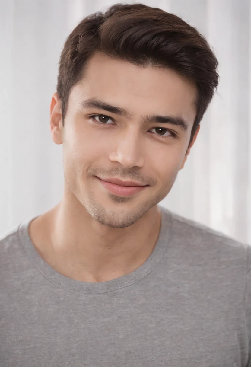 (photo: 1.3) af (realism: 1.3), (Hispanic), Latino man profile picture, frontal close-up, soft light, clear face, happy, cheerful, warm light, white t-shirt, (off-white Background), (grey and white background)), ((grey wall background)) avatar, (long or short hair), smile, handsome, young,, short hair, smile, (close-up)