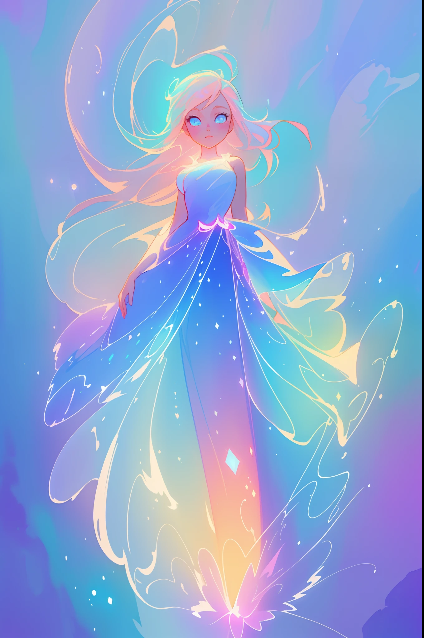 beautiful anime girl in glowing dress, inspired by Glen Keane, inspired by Lois van Baarle, disney art style, by Lois van Baarle, glowing aura around her, by Glen Keane, jen bartel, glowing lights! digital painting, flowing glowing hair, glowing flowing hair, beautiful digital illustration, fantasia background, whimsical, magical, fantasy, beautiful face, ((masterpiece, best quality)), intricate details, highly detailed, sharp focus, 8k resolution, sparkling detailed eyes, liquid watercolor