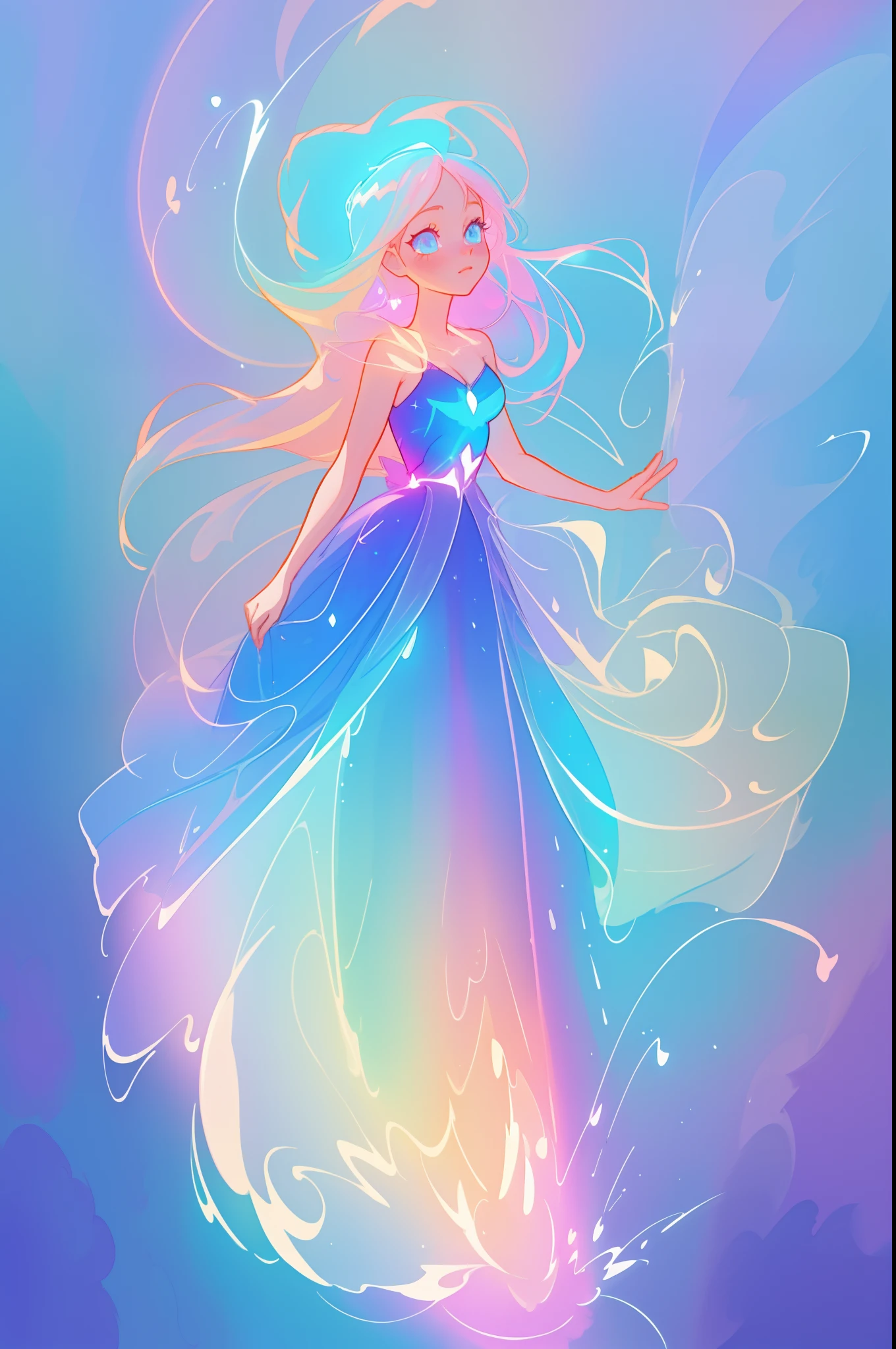 beautiful anime girl in glowing dress, inspired by Glen Keane, inspired by Lois van Baarle, disney art style, by Lois van Baarle, glowing aura around her, by Glen Keane, jen bartel, glowing lights! digital painting, flowing glowing hair, glowing flowing hair, beautiful digital illustration, fantasia background, whimsical, magical, fantasy, beautiful face, ((masterpiece, best quality)), intricate details, highly detailed, sharp focus, 8k resolution, sparkling detailed eyes, liquid watercolor