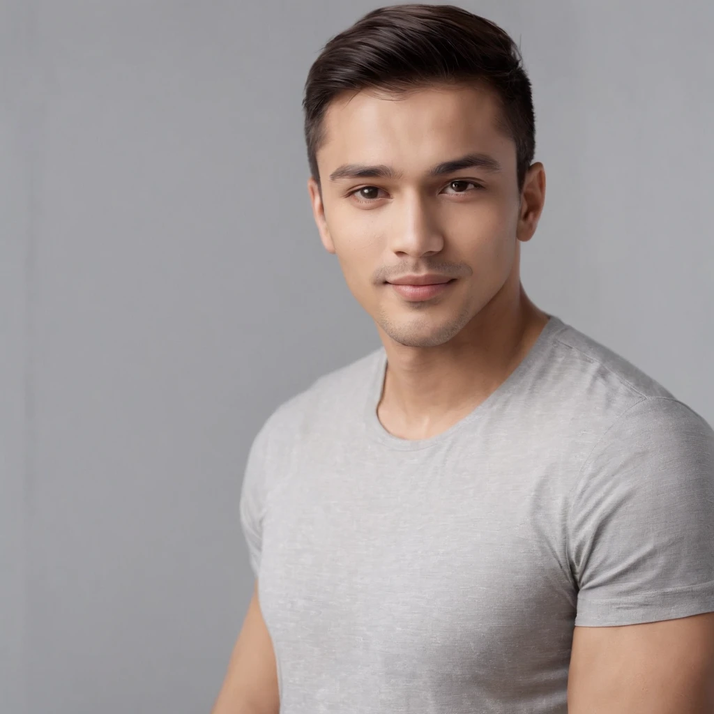 (photo: 1.3) af (realism: 1.3), (Hispanic), Latino man profile picture, frontal close-up, soft light, clear face, happy, cheerful, warm light, white t-shirt, (off-white Background), (grey and white background)), ((grey wall background)) avatar, (long or short hair), smile, handsome, young,, short hair, smile, (close-up)