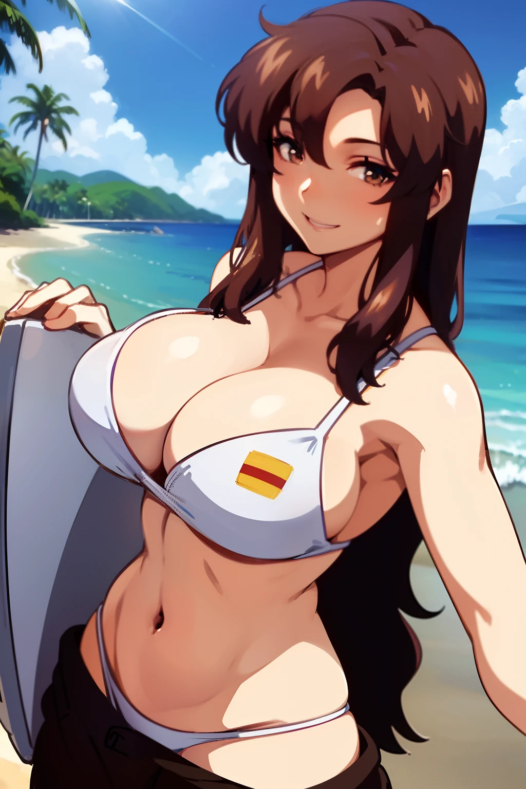 1womanl, A MILF, dark brown hair, kindly smile, large full breasts, cleavage, White Bikini, upper body, (Composition from the front:1.5), sunshine, Beach