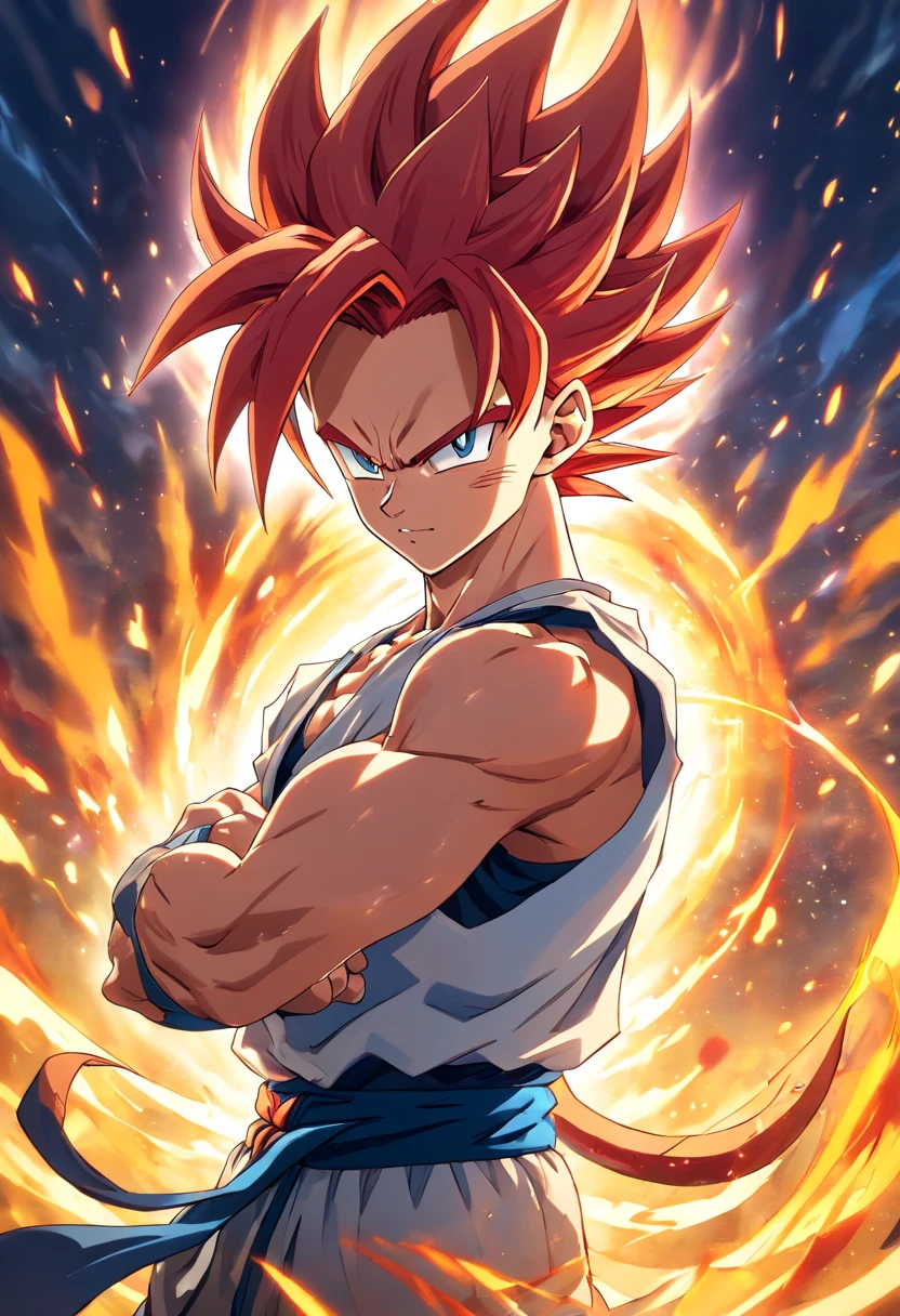 Gogeta Super Saiyan, red hair, Transformation Arms Crossed, battlefield, 8k uhd, gold
