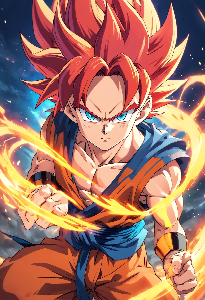 Gogeta Super Saiyan, red hair, Transformation Arms Crossed, battlefield, 8k uhd, gold